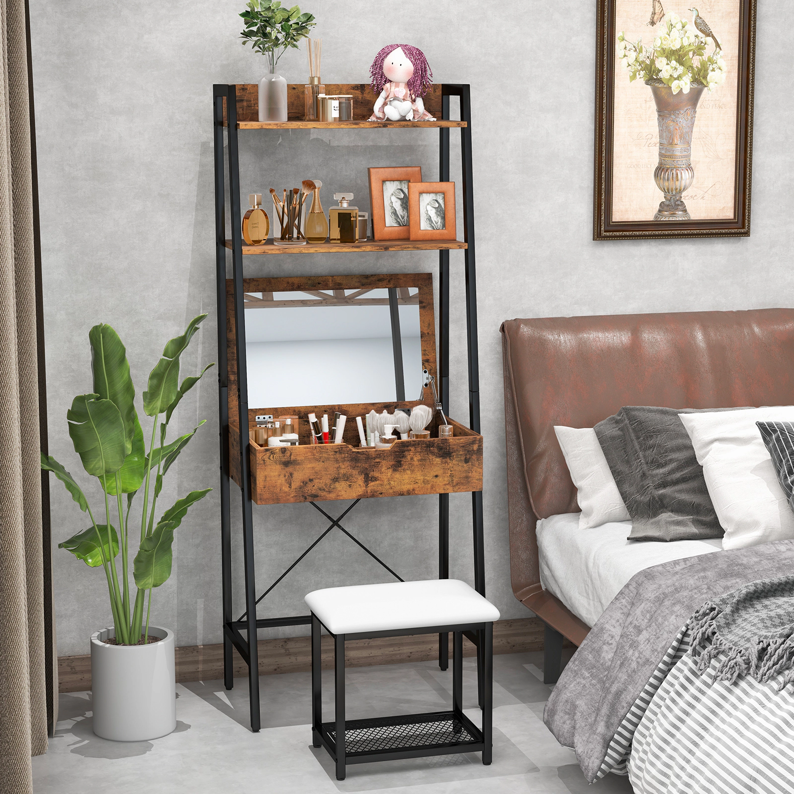 SUGIFT Ladder Vanity Desk Set with Flip Top Mirror and Cushioned Stool 88-Lb Top 330-Lb Stool Black Rustic Brown White