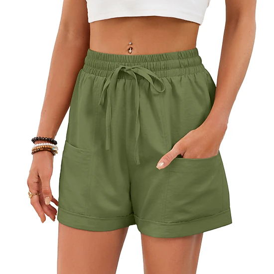 Enchanted Funland Womens Drawstring Elastic Waist Rolled Shorts with Pockets