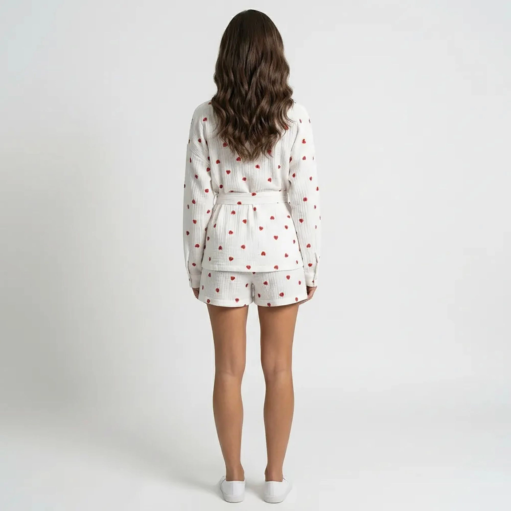 Anna-Kaci Women's Heart Print Valentine 2-Piece Pajama Set with Long Sleeve Tie-Waist Robe and Relaxed Fit Shorts