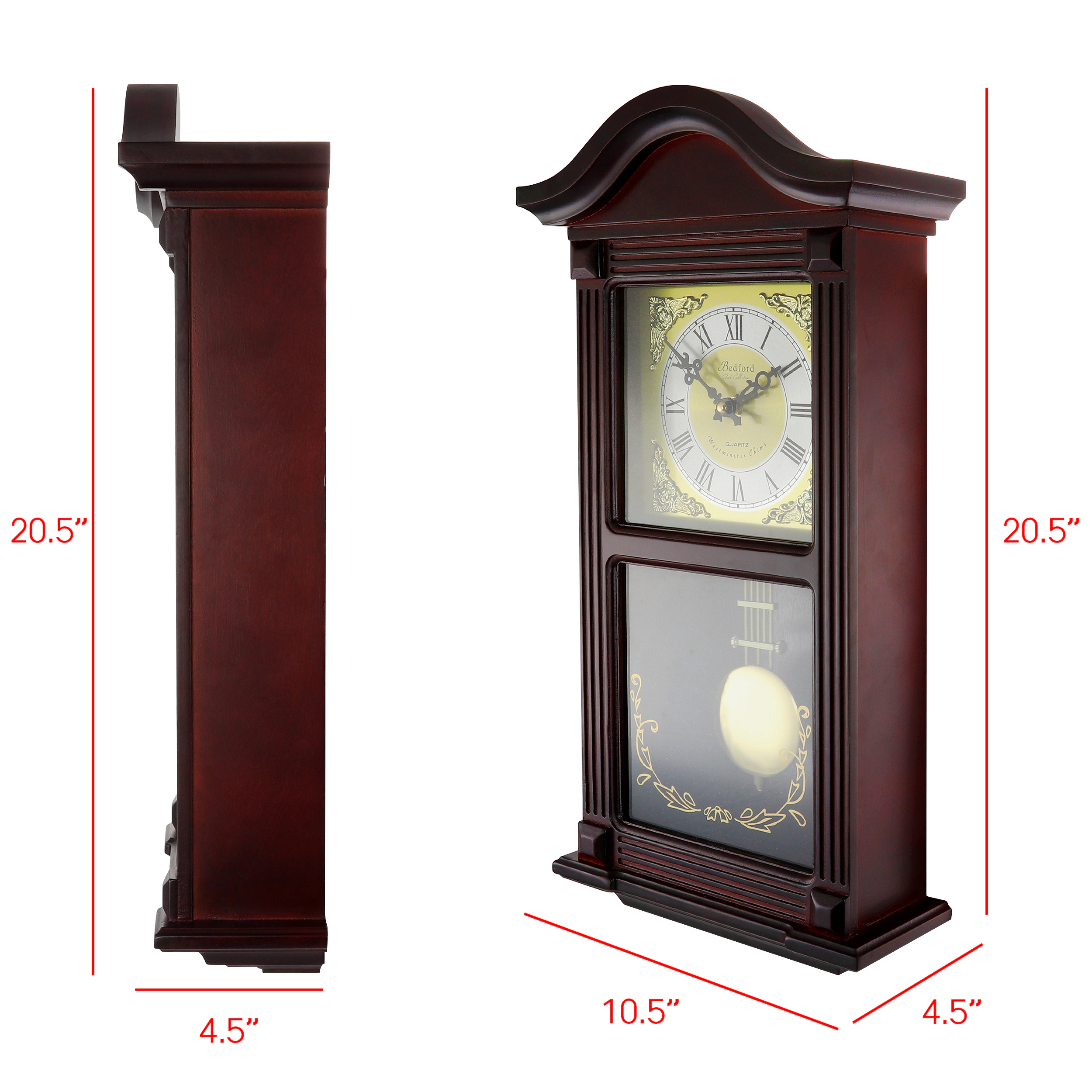 Bedford Clock Collection 22 Inch Wall Clock in Mahogany Cherry Oak Wood with Brass Pendulum and 4 Chimes