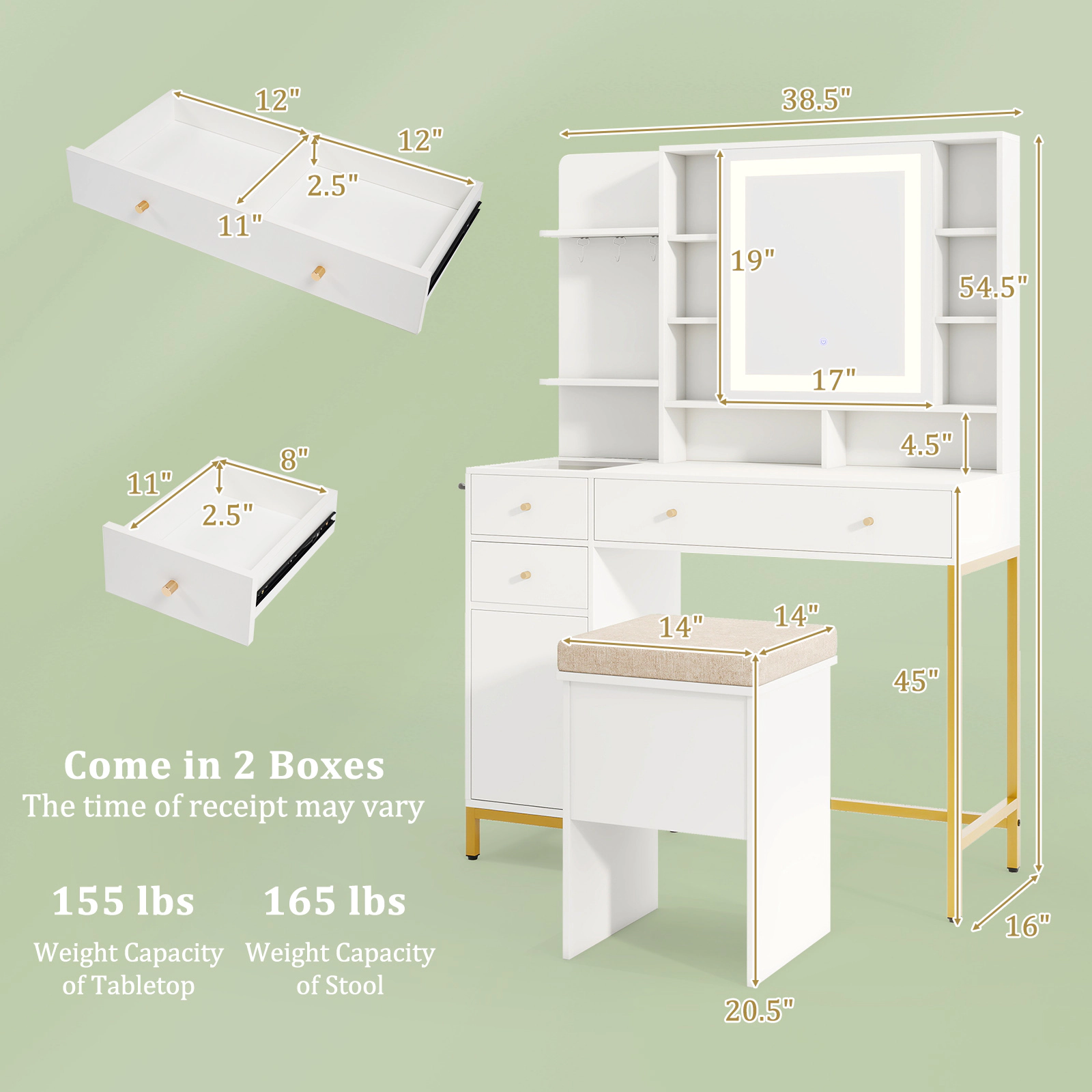 SUGIFT Lighted Makeup Vanity Table with Stool 154-lb Tabletop Capacity White + Gold