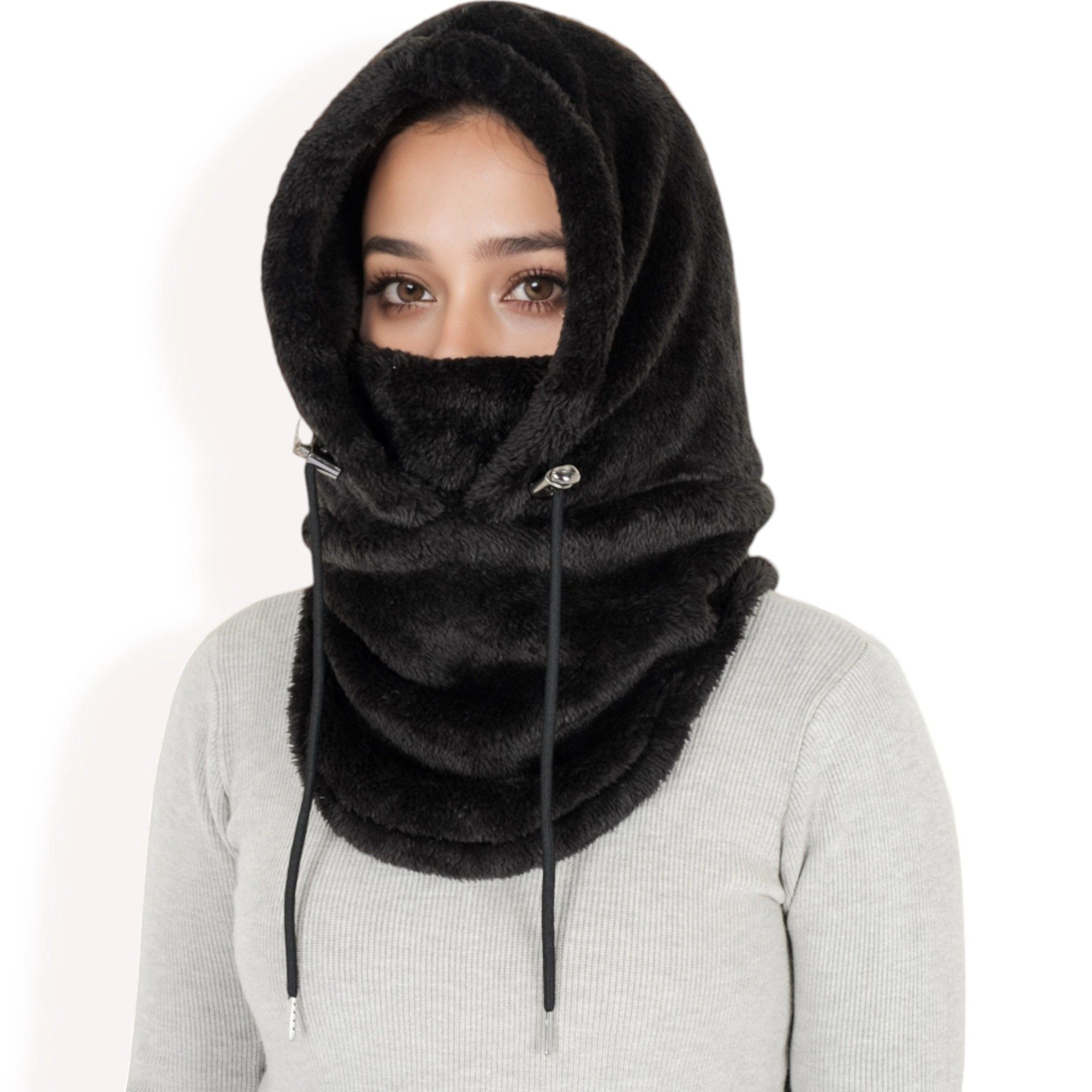 Anna-Kaci Women's Faux Shearling Hooded Scarf with Adjustable Drawstrings and Extended Neck Coverage