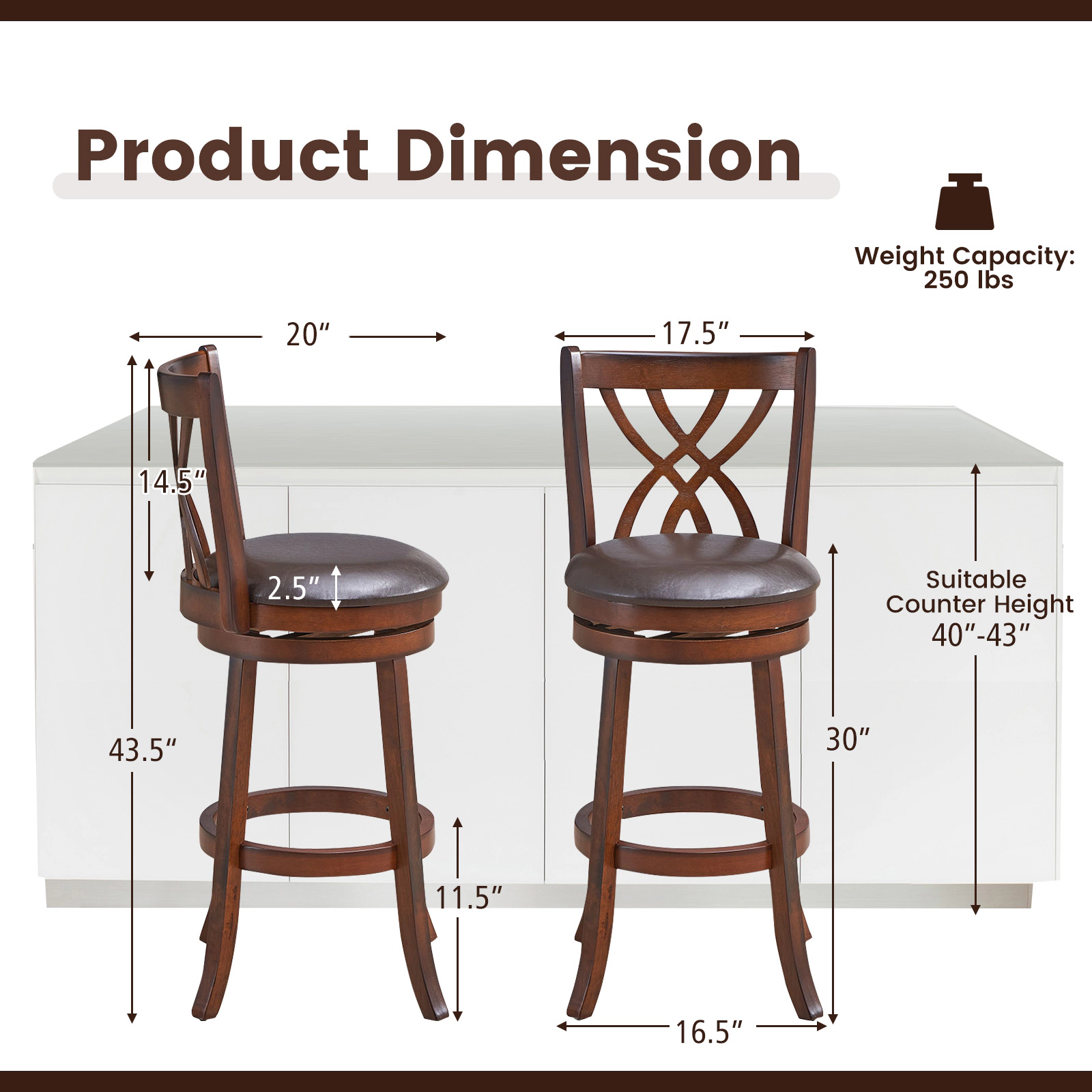 LJG 360° Swivel Counter Height Chairs with PU Leather Cushioned Seat and Footrests-30 Inches