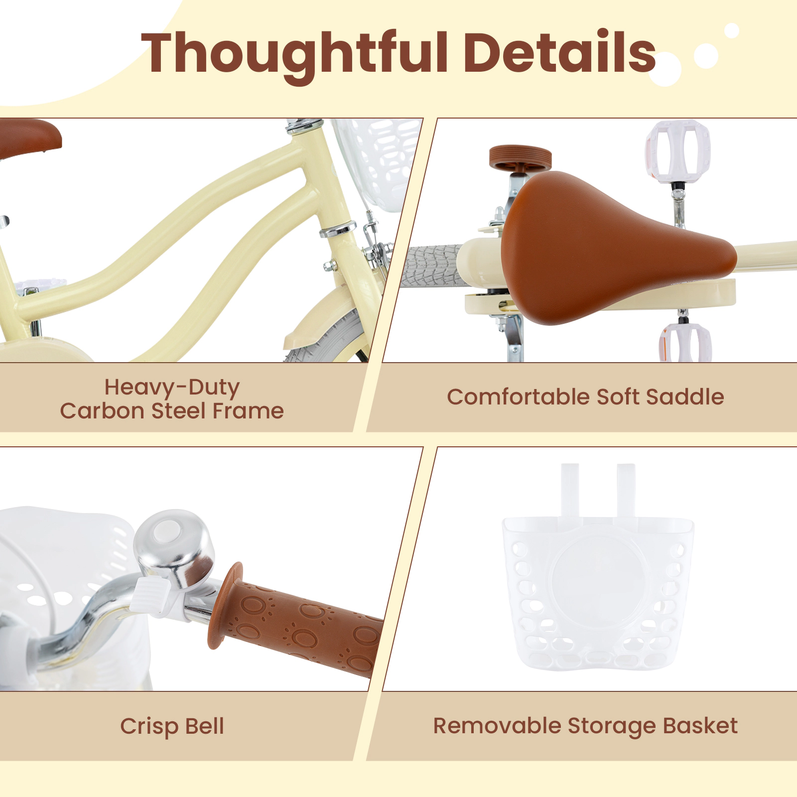 14-in Kids Bike Removable Storage Basket Training Wheels Adjustable Handlebar and Seat Pneumatic Tires Ages 3-5 Beige