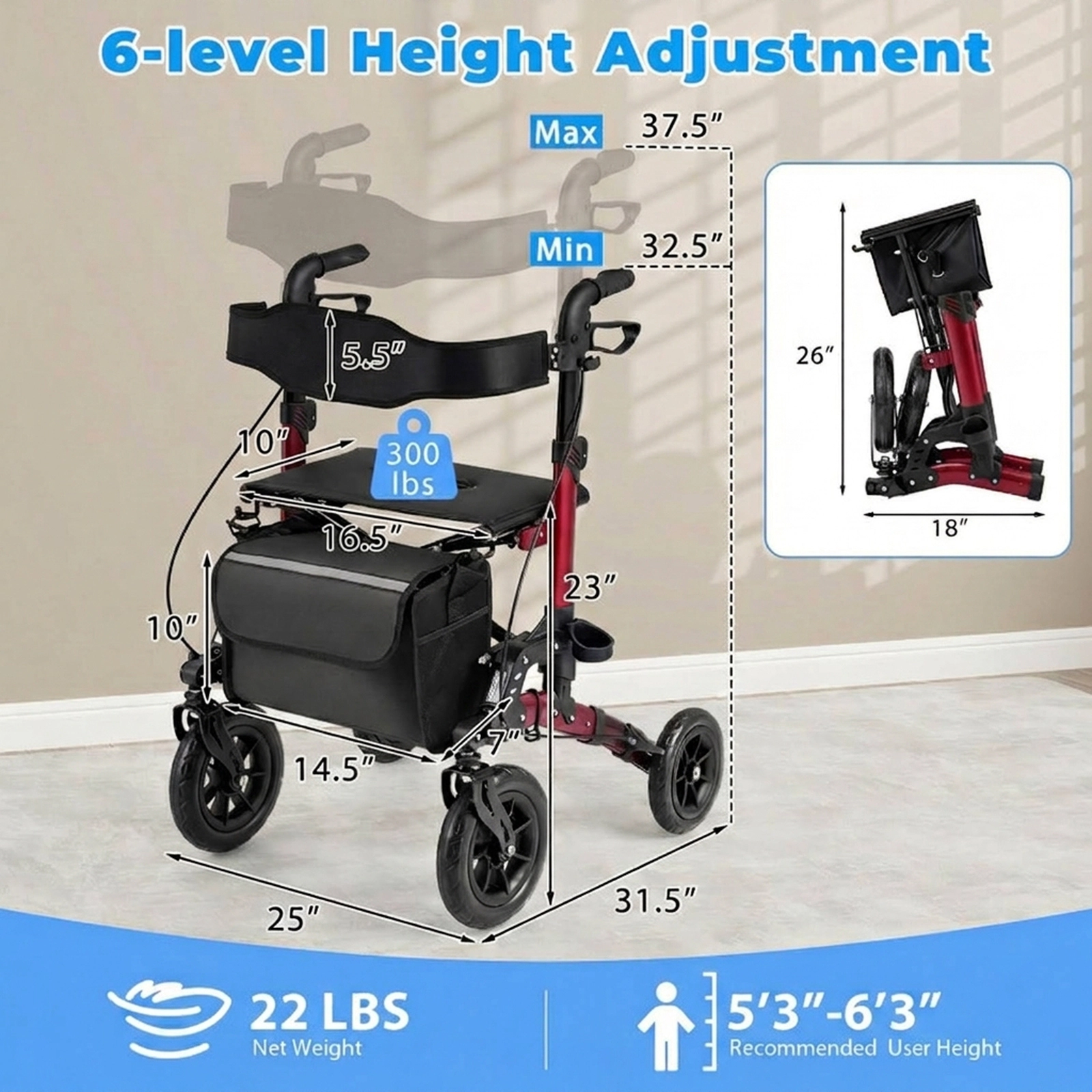 SUGIFT Folding Rollator Walker, 300 lb Capacity, Spring Suspension, Seat, Mesh Back, 6 Height Levels