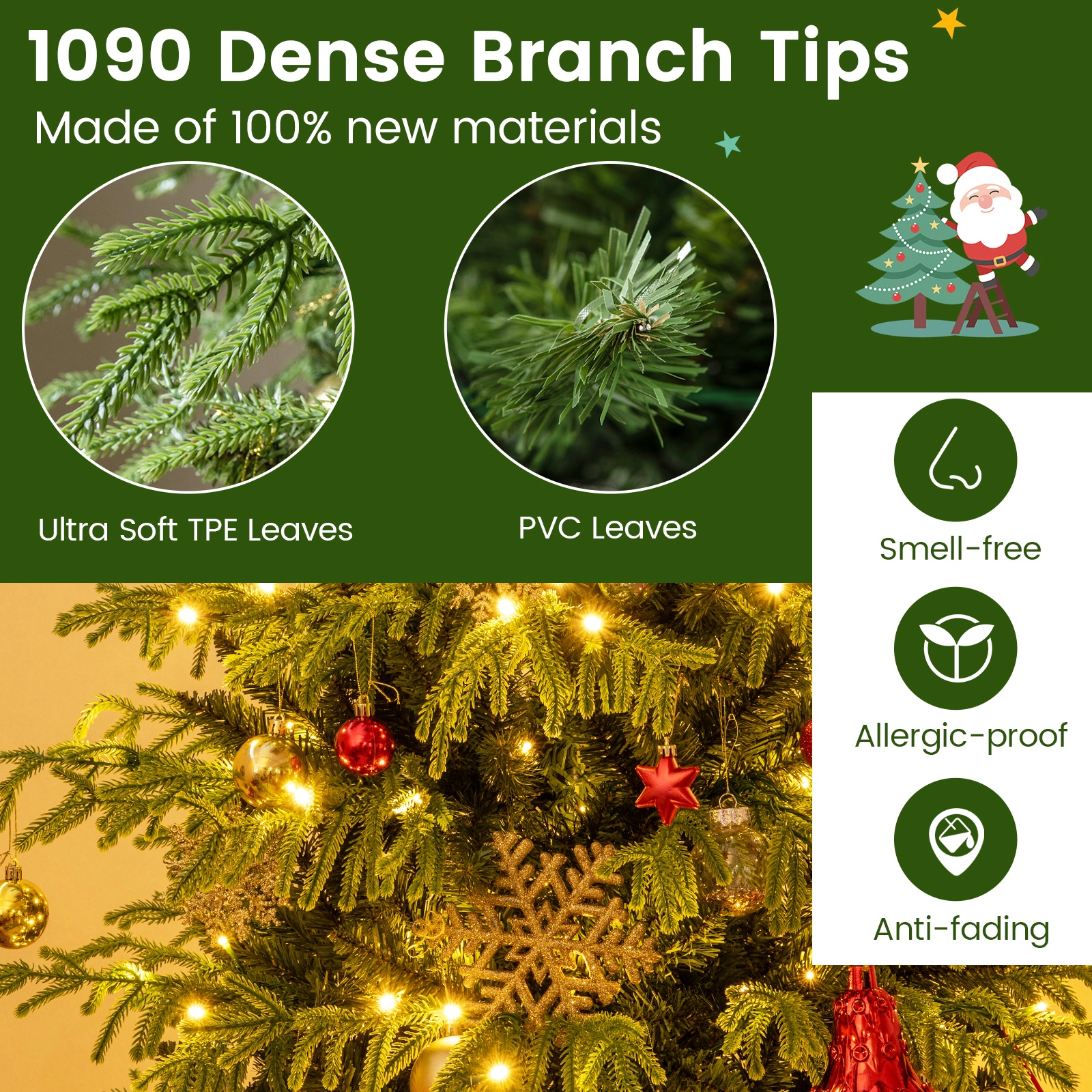 SUGIFT 7-ft Green Pre-Lit Artificial Christmas Tree with 1090 Mixed TPE and PVC Tips and 370 LED Lights