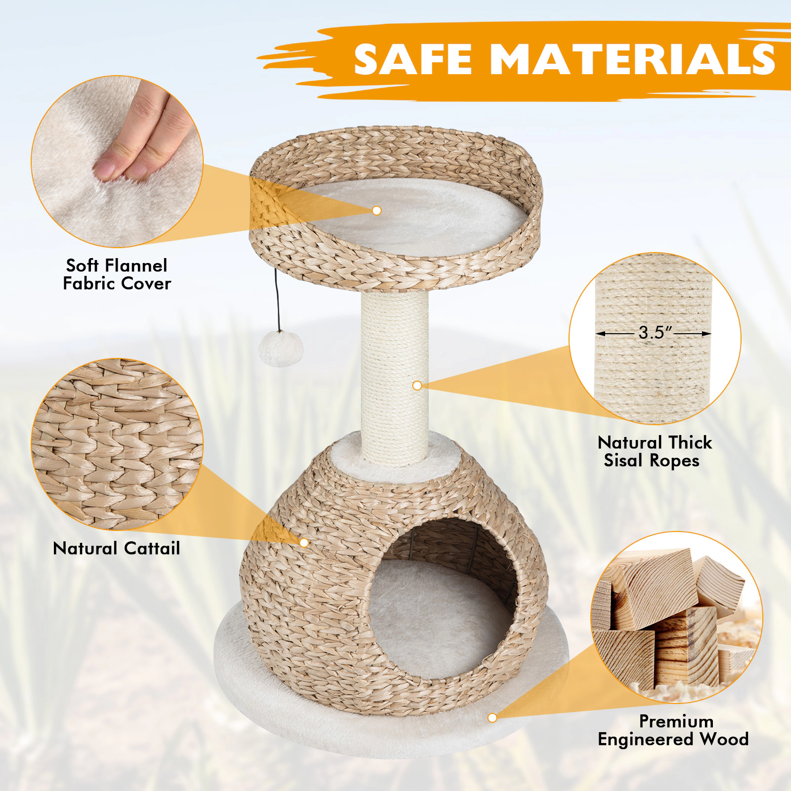 SUGIFT 28-in Dark Coffee Hand-Woven Cat Tree with Water Hyacinth House Sisal Post and 14-in Platform