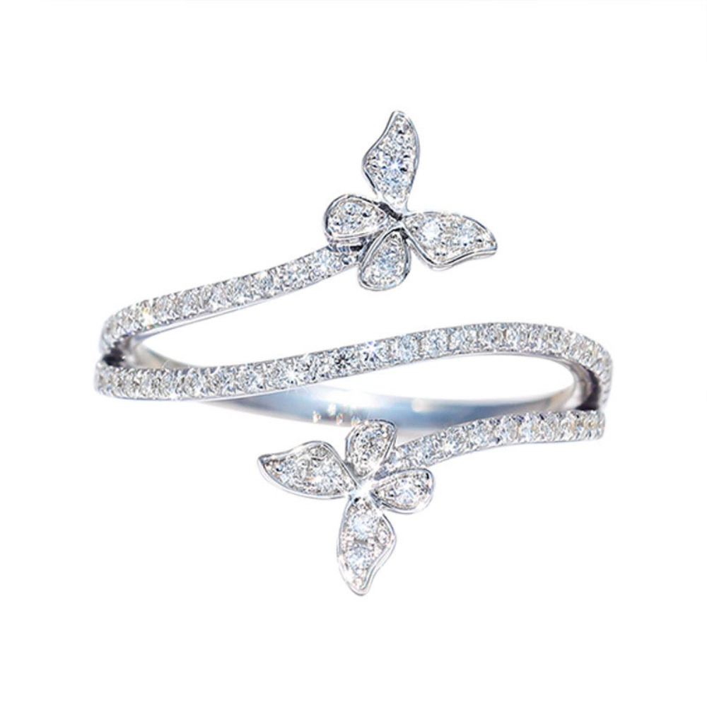 Wardrobe Whimsy Double Butterfly Pave Cubic Zirconia Open Wrap Silver‑Tone Ring