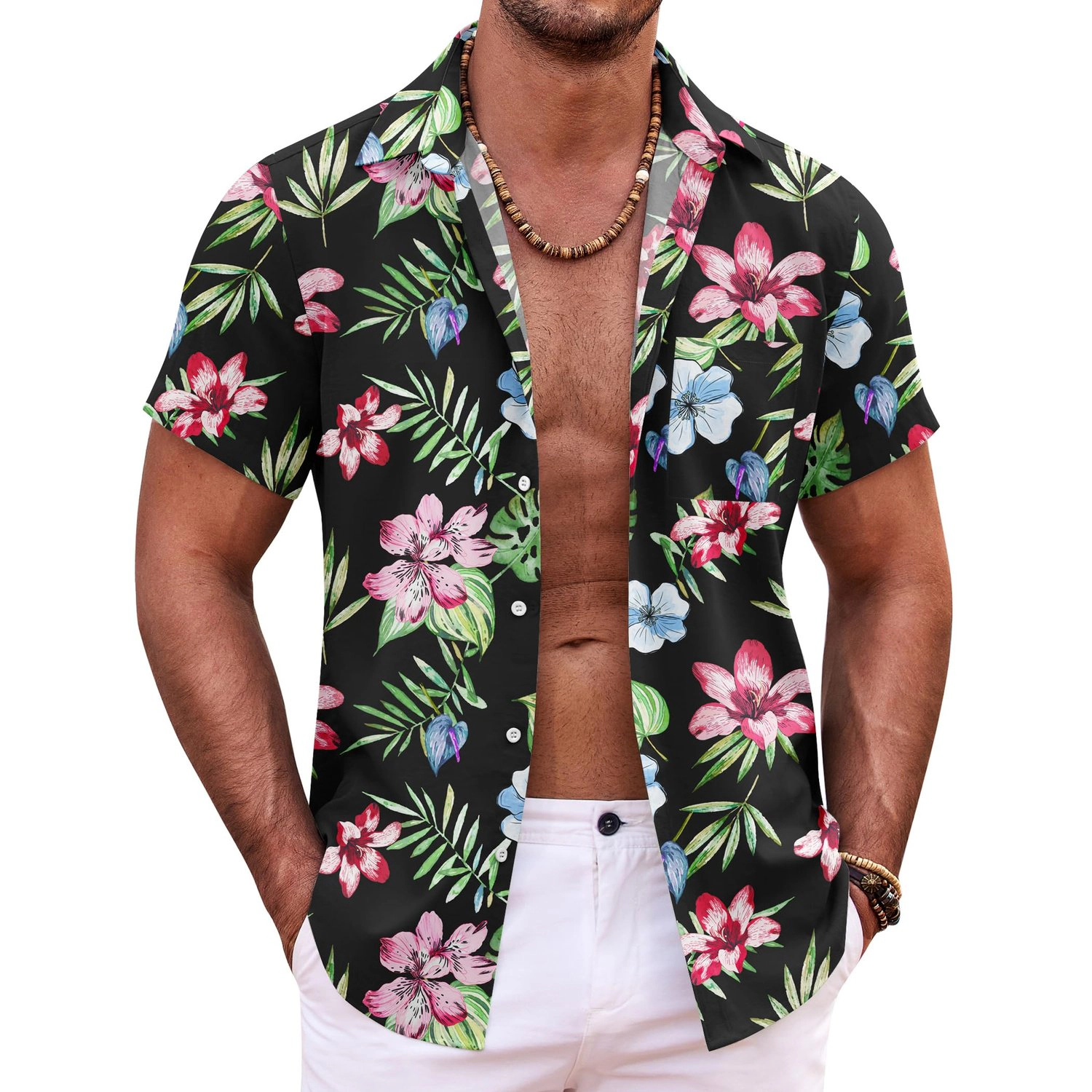 COOFANDY Mens Short Sleeve Shirts Tropical Leaf Print Lapel Collar Casual Beach Tops