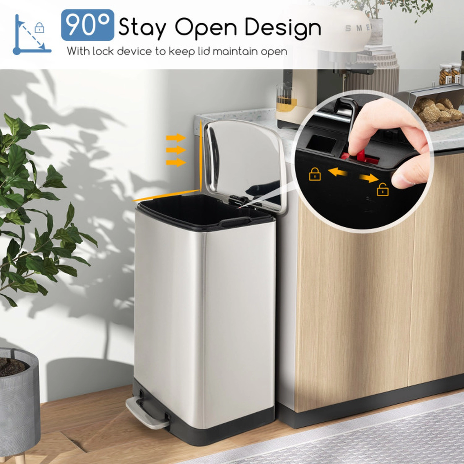 SUGIFT 3-Layer Stainless Steel Step Trash Can Soft Close Lid Lock Device 13.2-Gallon 85 Degree Opening 16-lb Silver