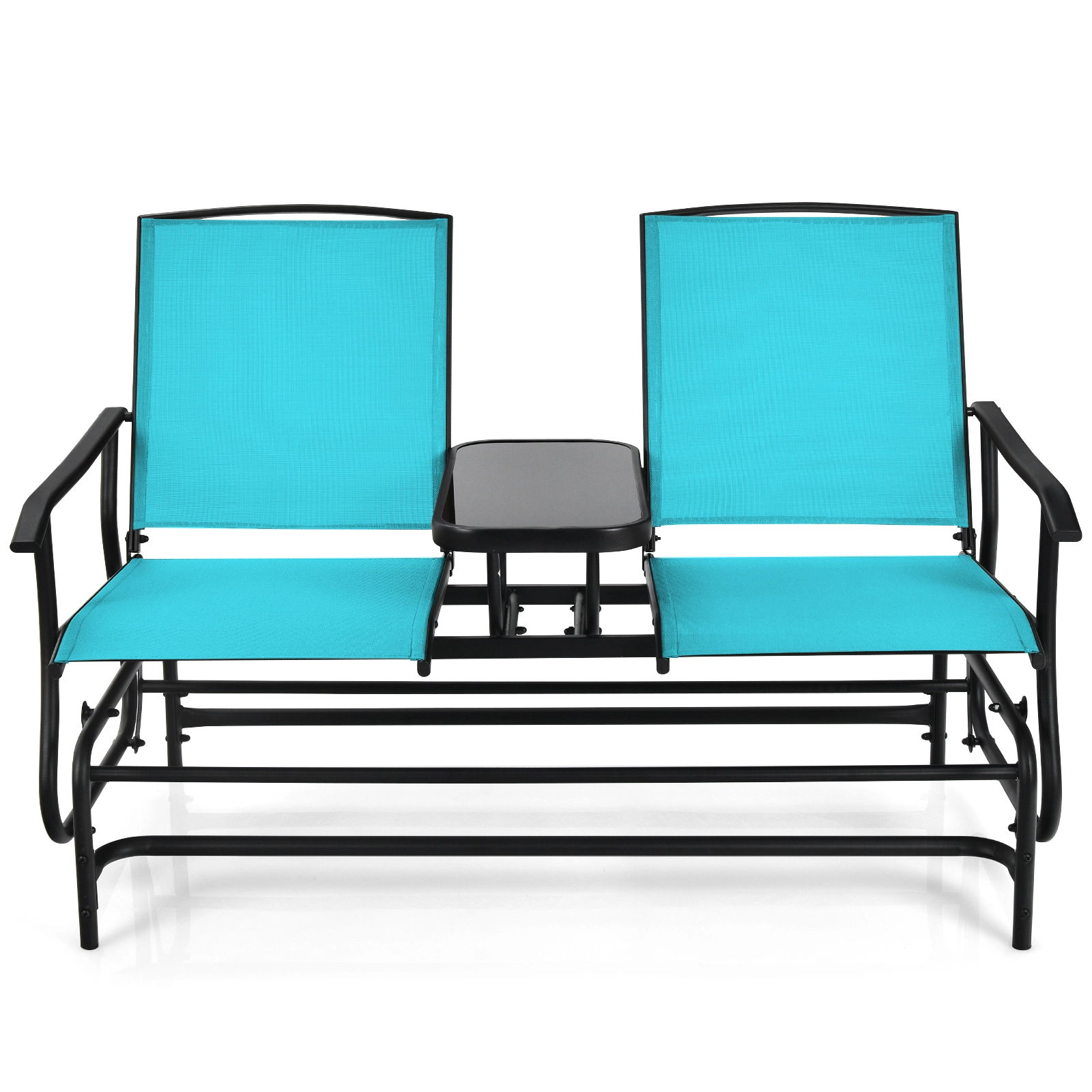 SUGIFT 2-Person Rocking Conversation Loveseat with Mesh Fabric and Center Tempered Glass Table 530-lb Capacity Turquoise
