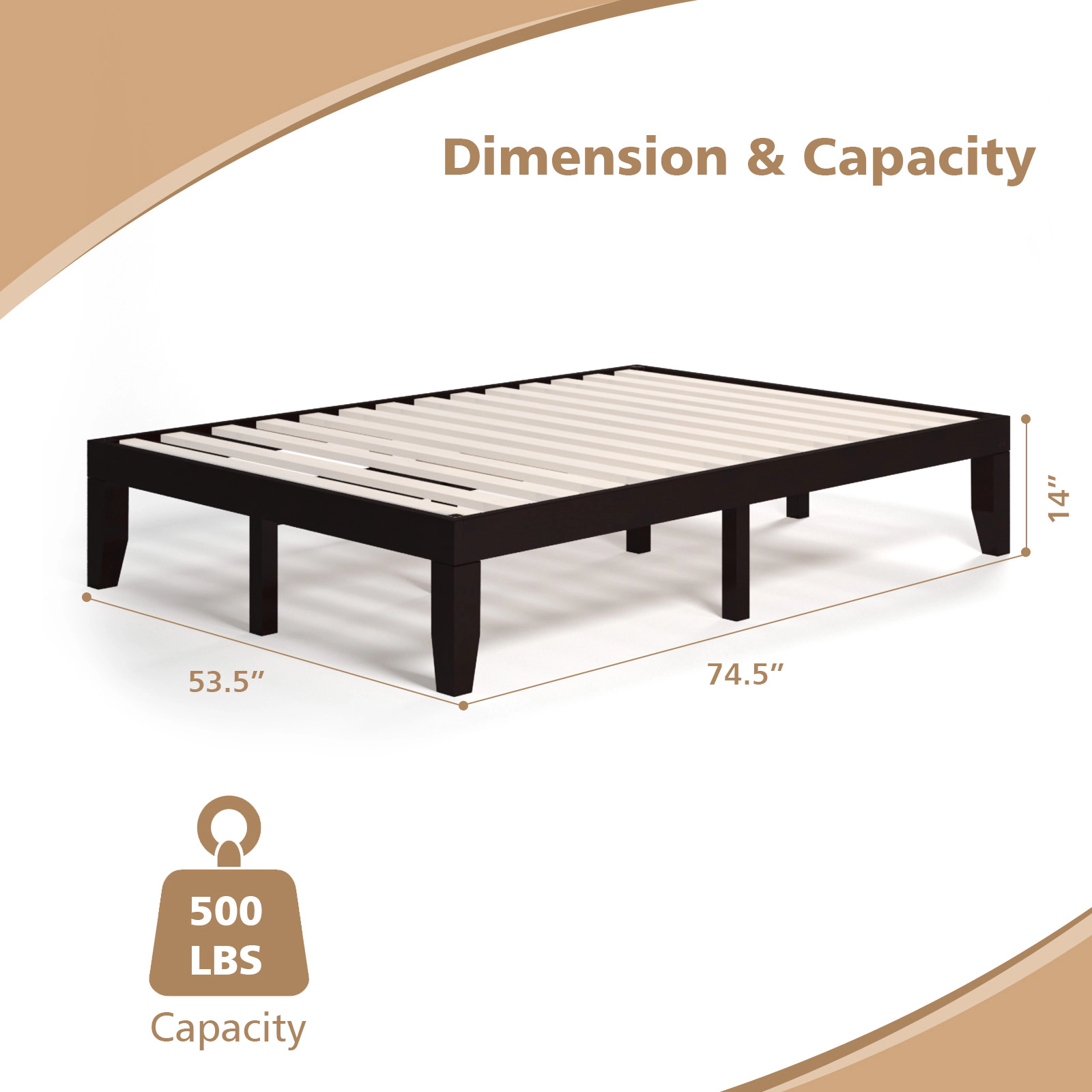 SUGIFT Brown 14 Wood Slats 14 Inch Full Size Solid Wood Platform Bed Frame
