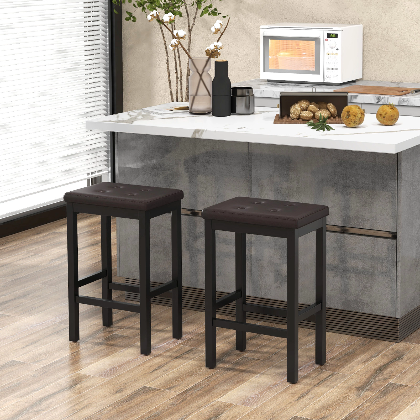 Hivvago  24 Inch Bar Stools with Padded Seat Footrest and Rubber Wood Frame
