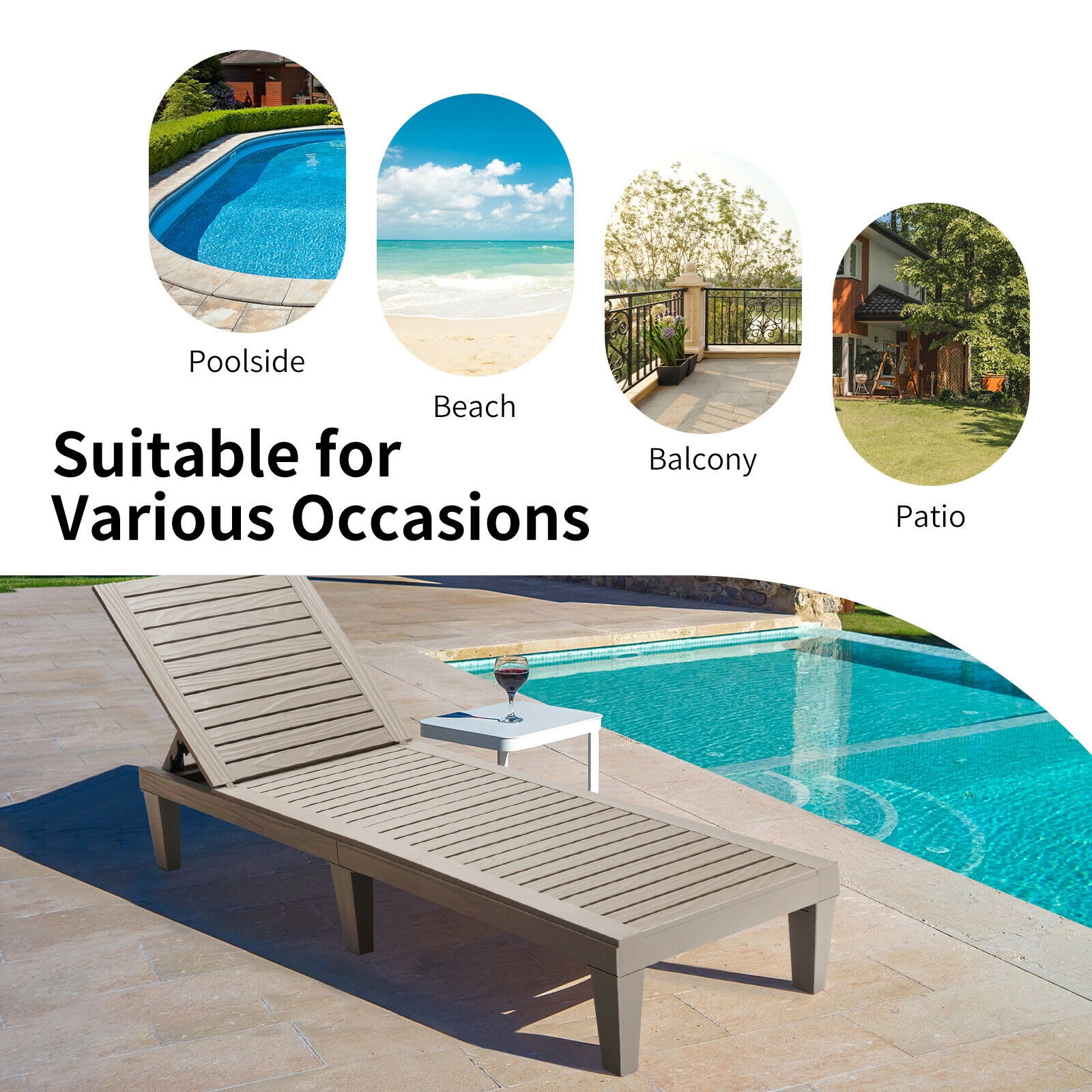 SUGIFT Outdoor Recliner Chaise Lounge Chair with 5-Position Adjustable Backrest 400-lb Capacity 75-in Length Brown