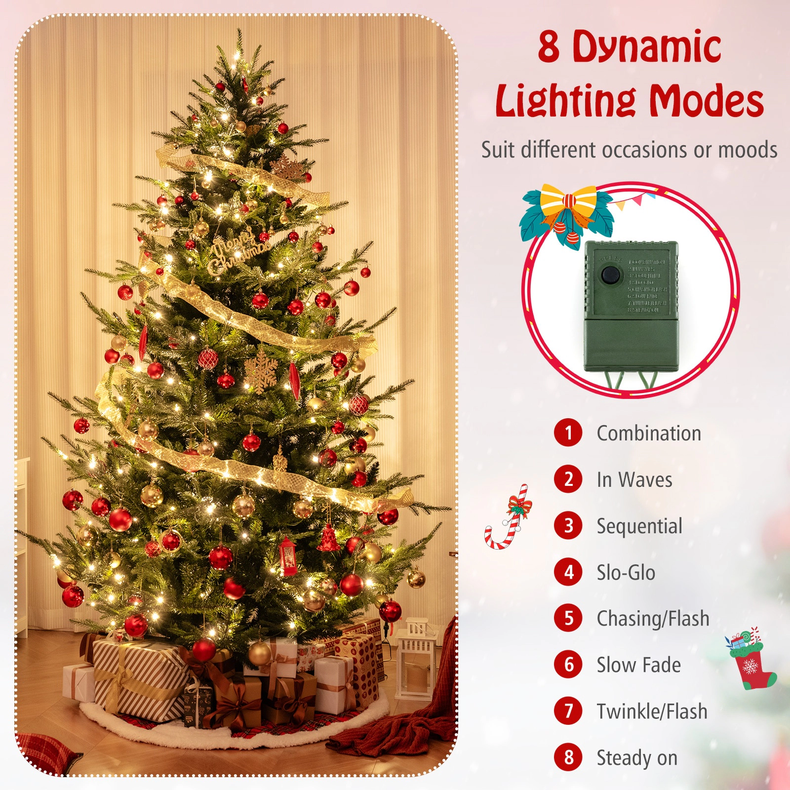 SUGIFT 8-ft Pre-Lit Hinged Artificial Christmas Tree with 1480 PVC and PE Branch Tips 450 LED Lights 4 Sections Green