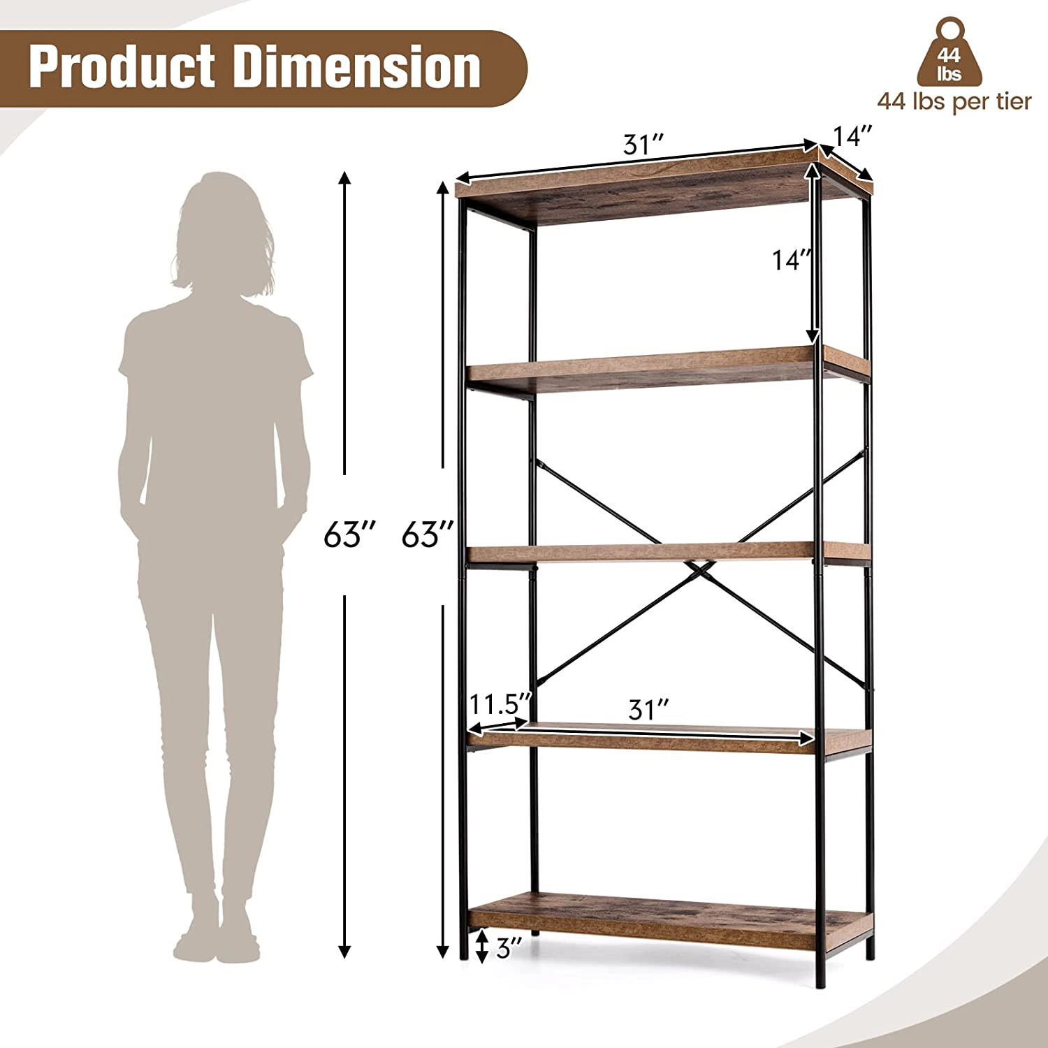 SUGIFT 5-Tier Industrial Bookshelf 63.5 with Back X-Brace Steel Frame