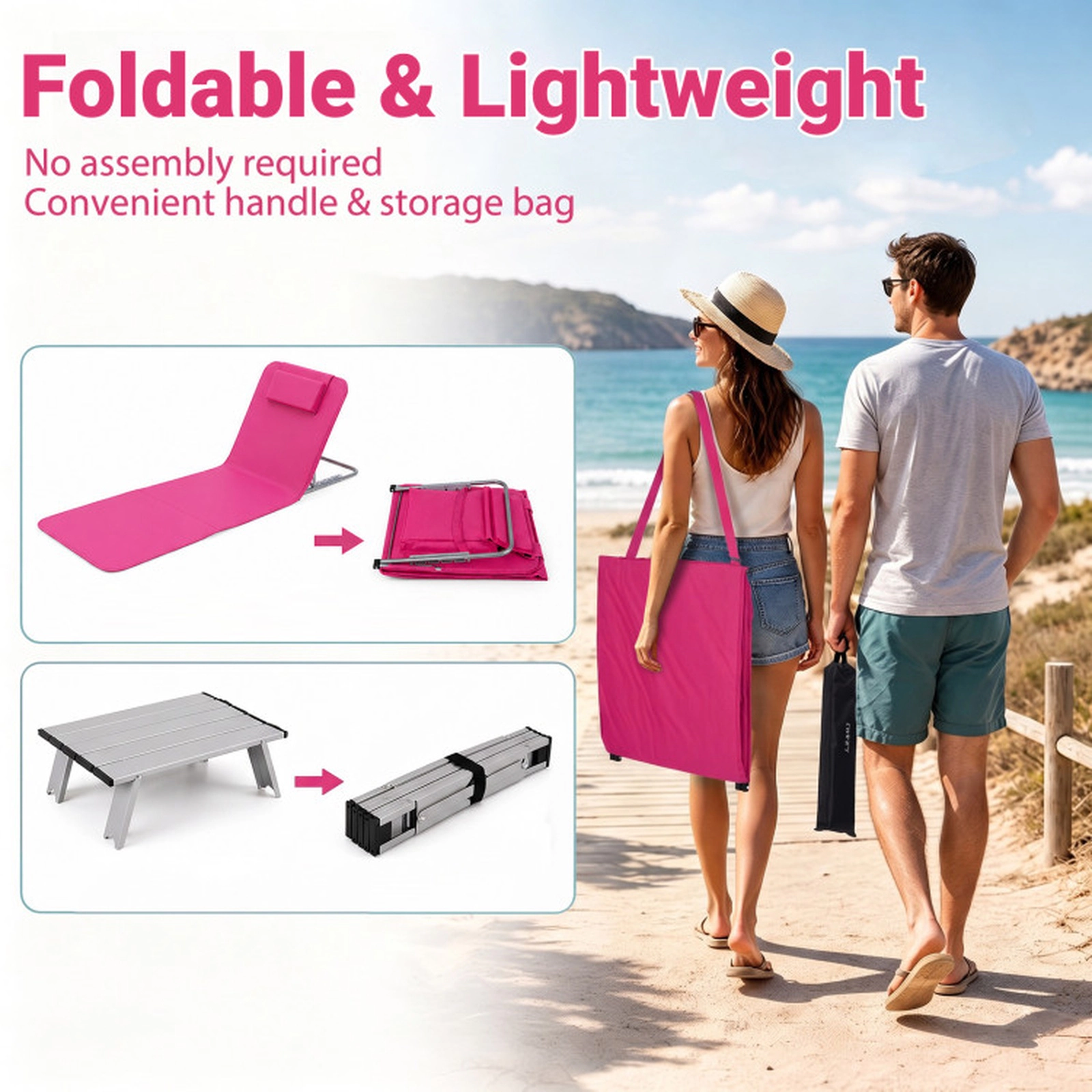 SUGIFT 3-Piece Pink Stripe 5-Position Adjustable Folding Beach Lounge Chair Set with Side Table and Carry Bag