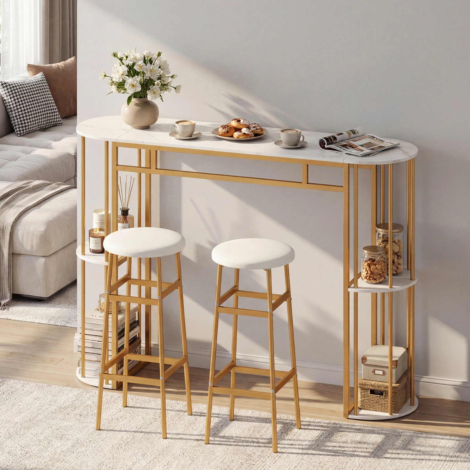 SUGIFT 3 Piece Bar Table Set White 60 in Faux Marble Table with 2 Upholstered Barstools