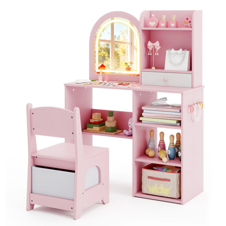 Hivvago Kids Vanity Set Princess Girls Makeup Desk With Chair And 3-Color Led Lighted Mirror