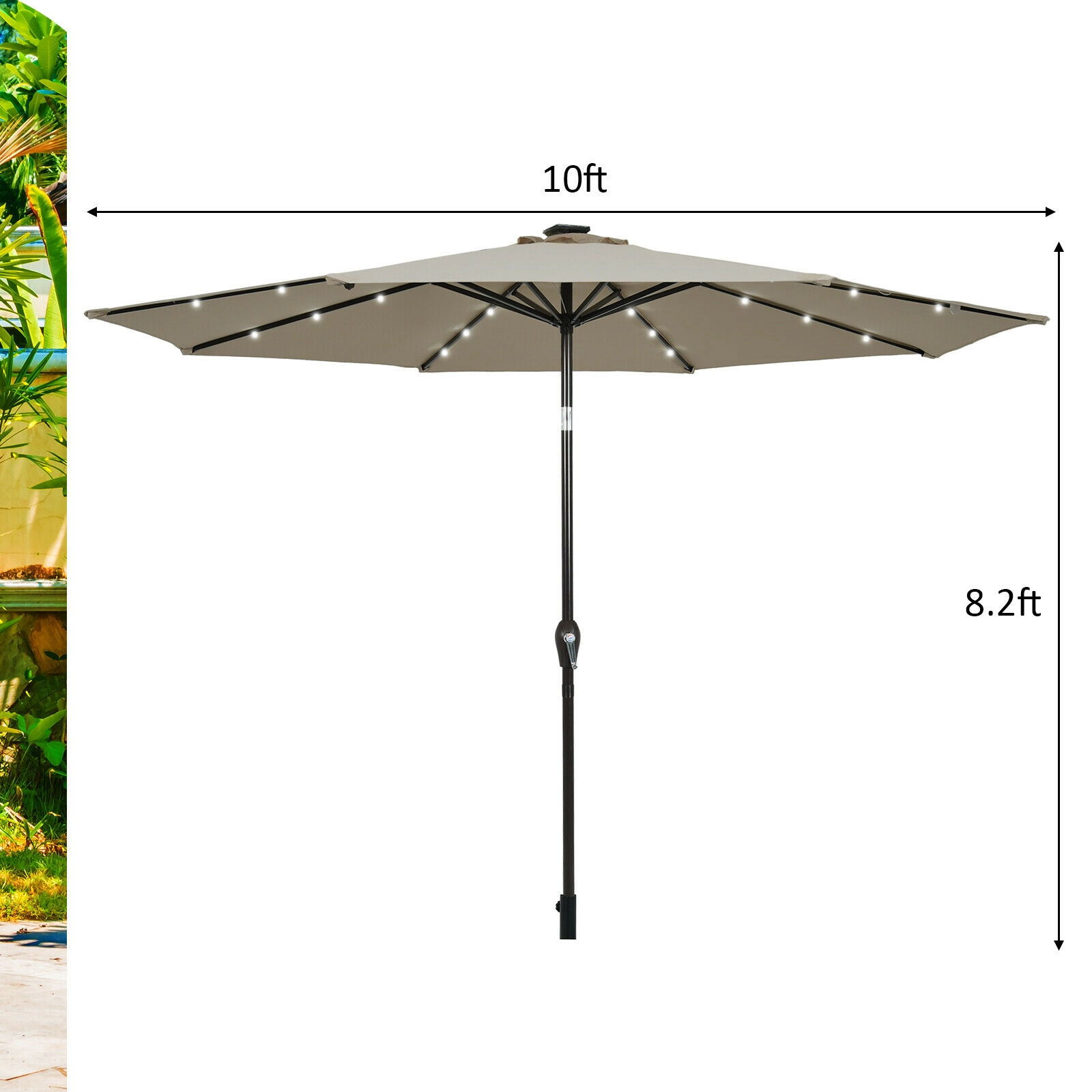 SUGIFT Solar LED Lighted 10-ft Market Patio Umbrella with Crank Lift Tilt and 24 Lights Tan Polyester Canopy