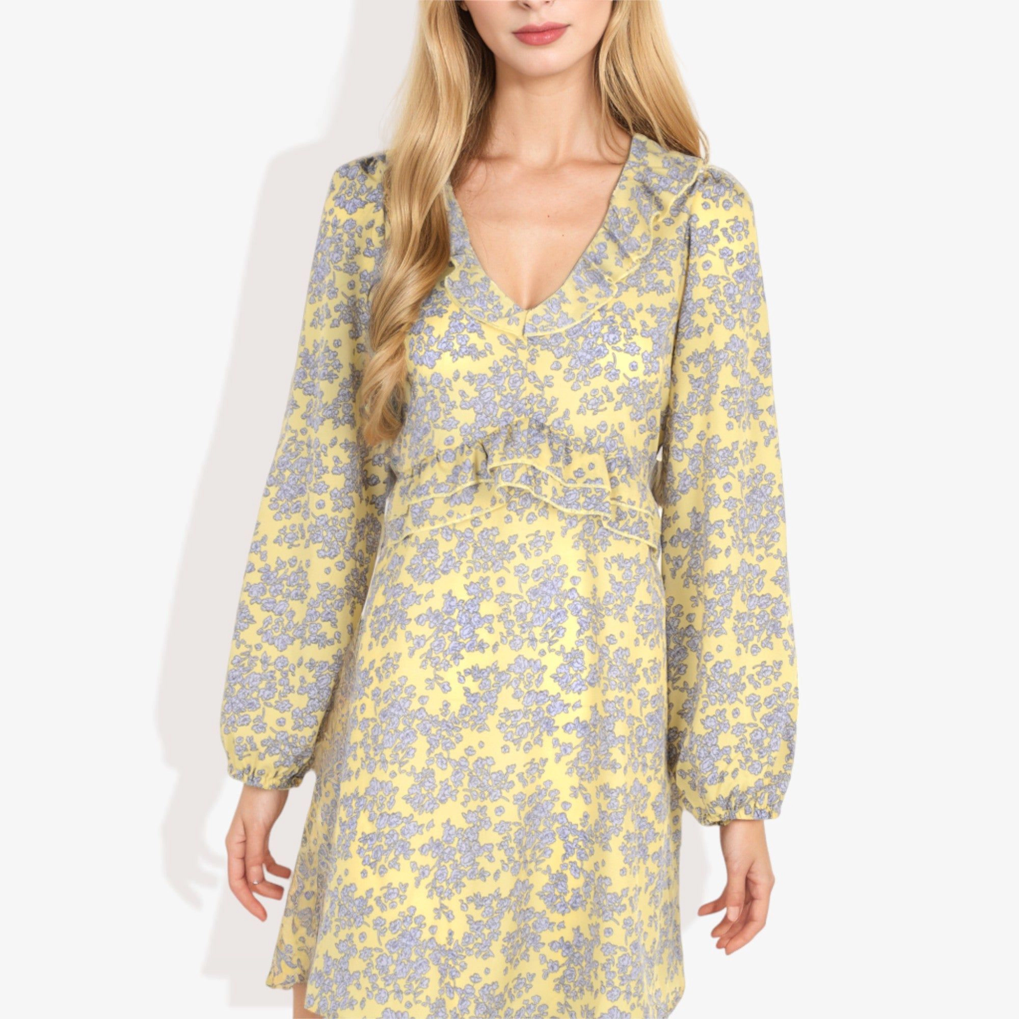 Anna-Kaci Women's Long Sleeve Floral Print V-Neck Tie Front Mini Dress