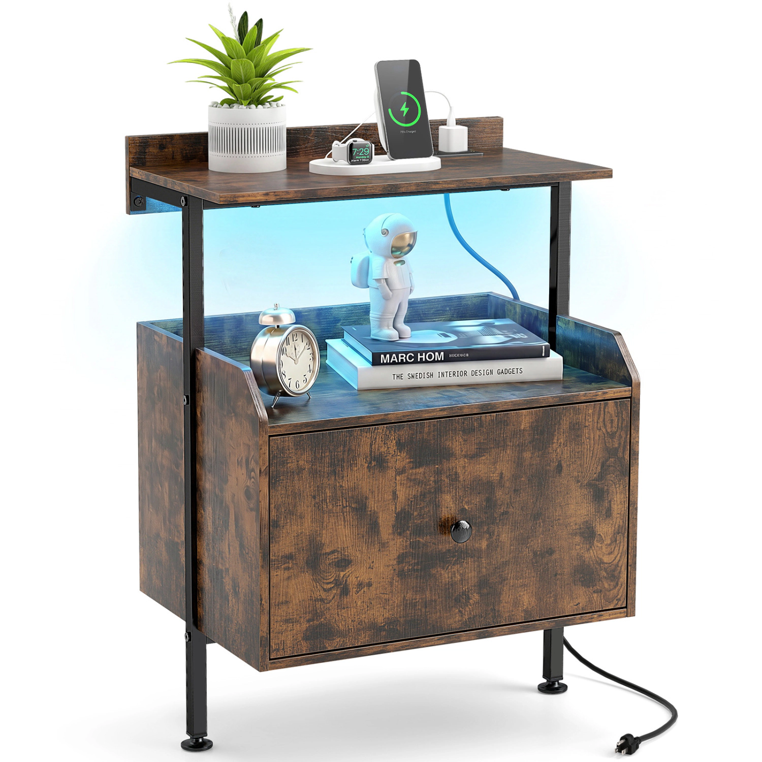 Glintex Wall-Mounted LED Nightstand with 3 Wall Anchors and Deep 7-Inch Drawer