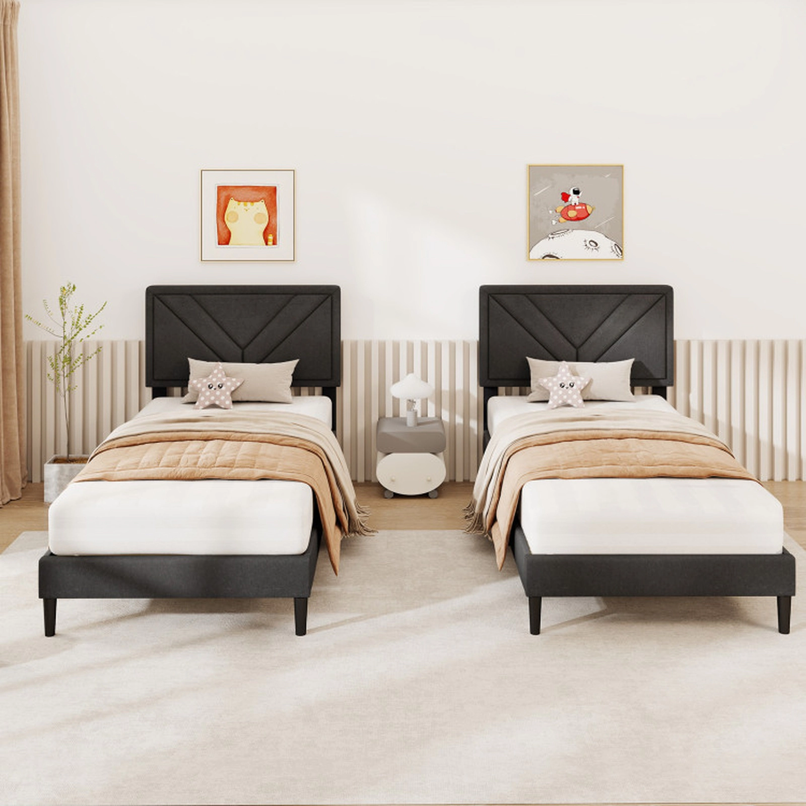 SUGIFT Twin Size Gray Upholstered Platform Bed Frame with Tufted Headboard and Wooden Slats 375-lb Slats