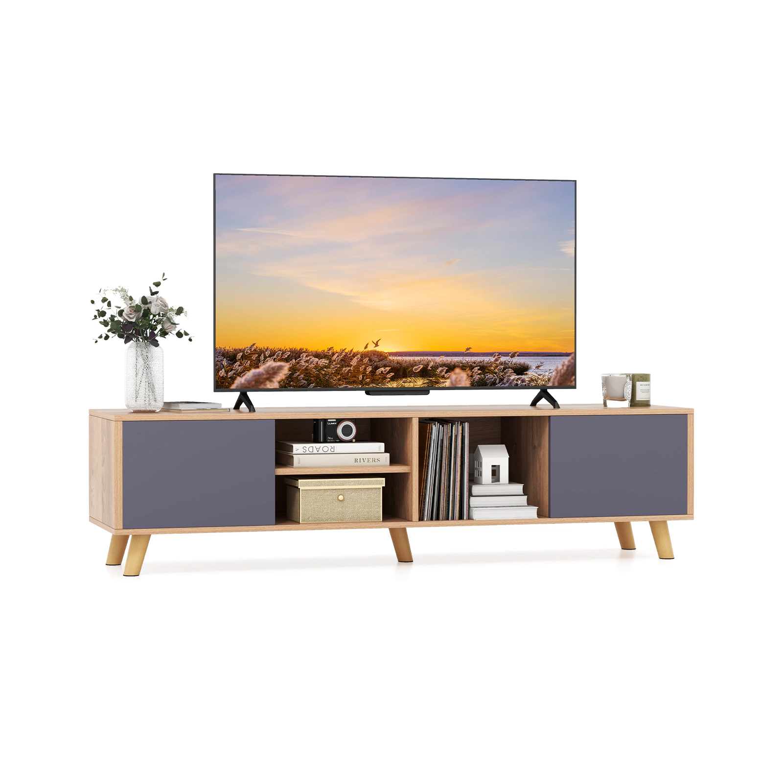 SUGIFT 56 in TV Stand Natural and Gray Cabinet for TVs up to 65 in with Open Shelf