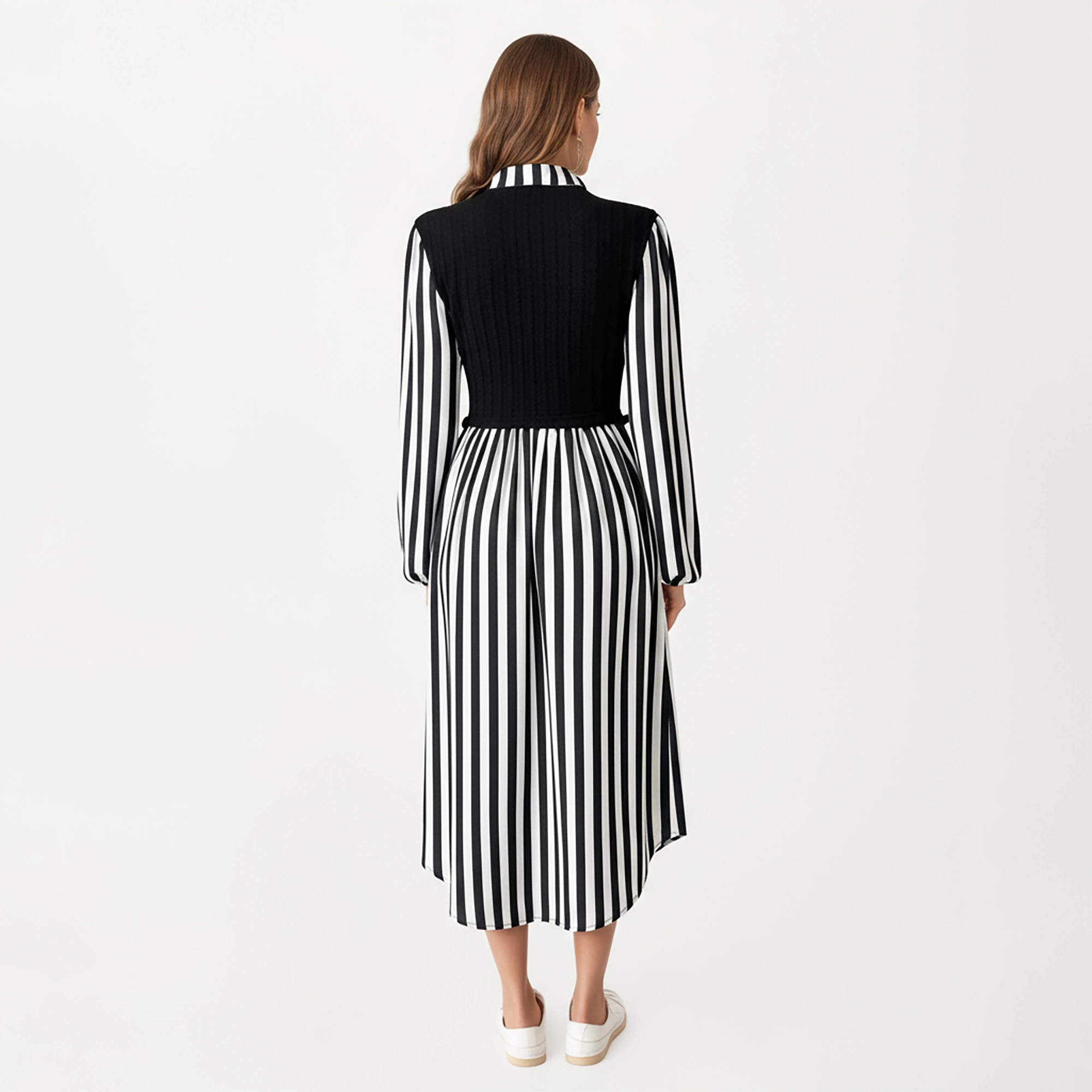 Anna-Kaci Women's Long Sleeve Striped Button Front Knit Vest Overlay Collared Neck Midi Dress