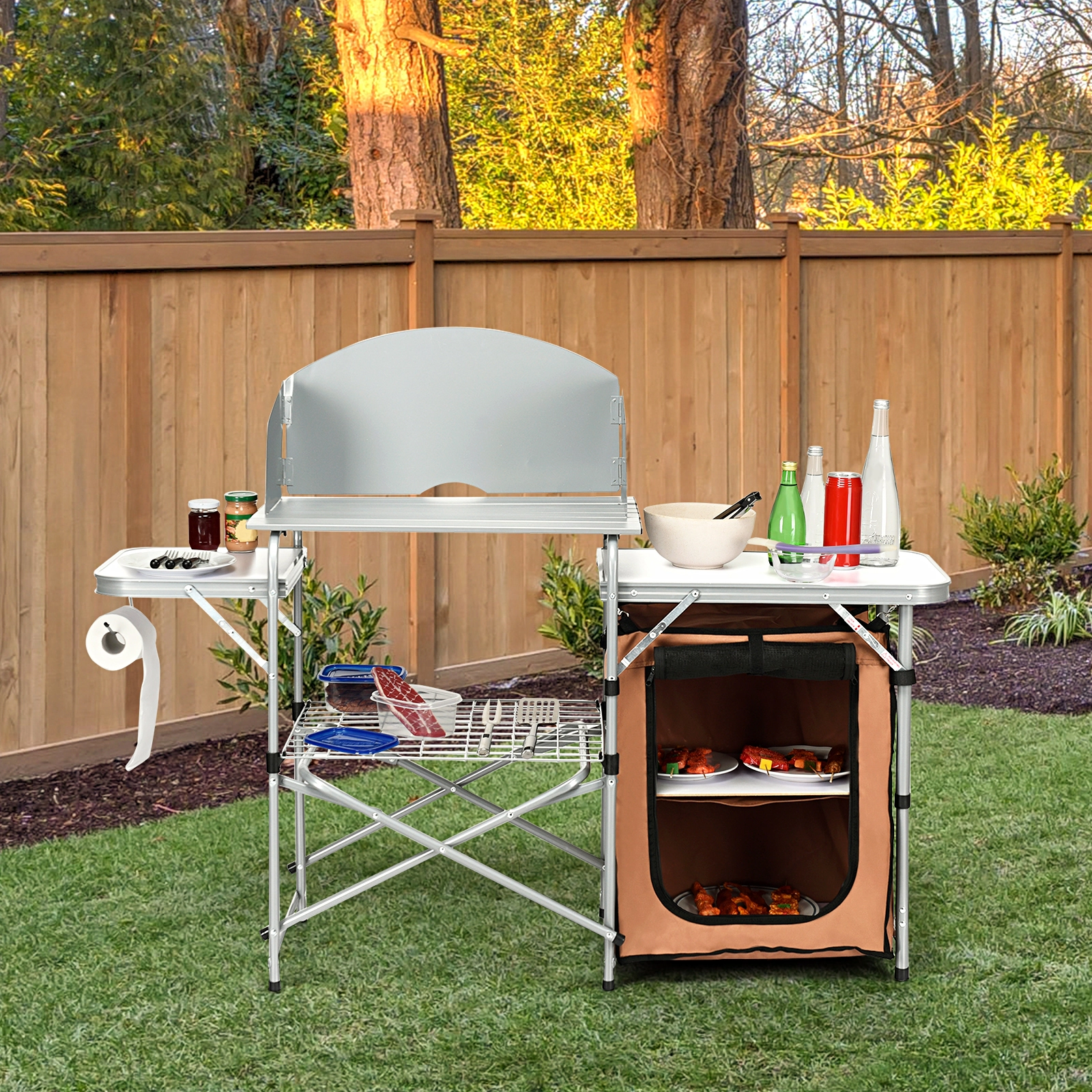SUGIFT Outdoor BBQ Portable Grilling Table with Windscreen and Storage Bag 46-lb Surface Capacity 22-lb Side Boards