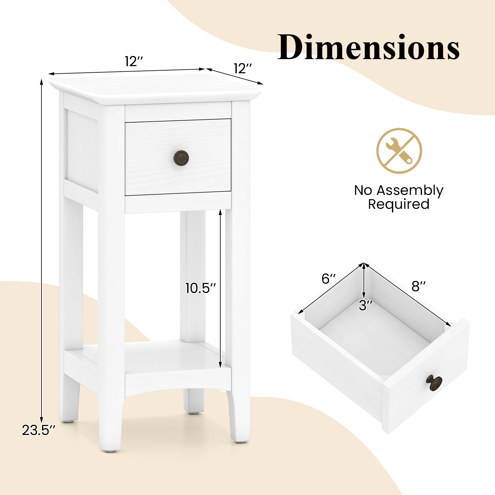 SUGIFT 3-Tier Nightstand with Drawer and Open Storage Shelf 44-lb Bottom Shelf Capacity White