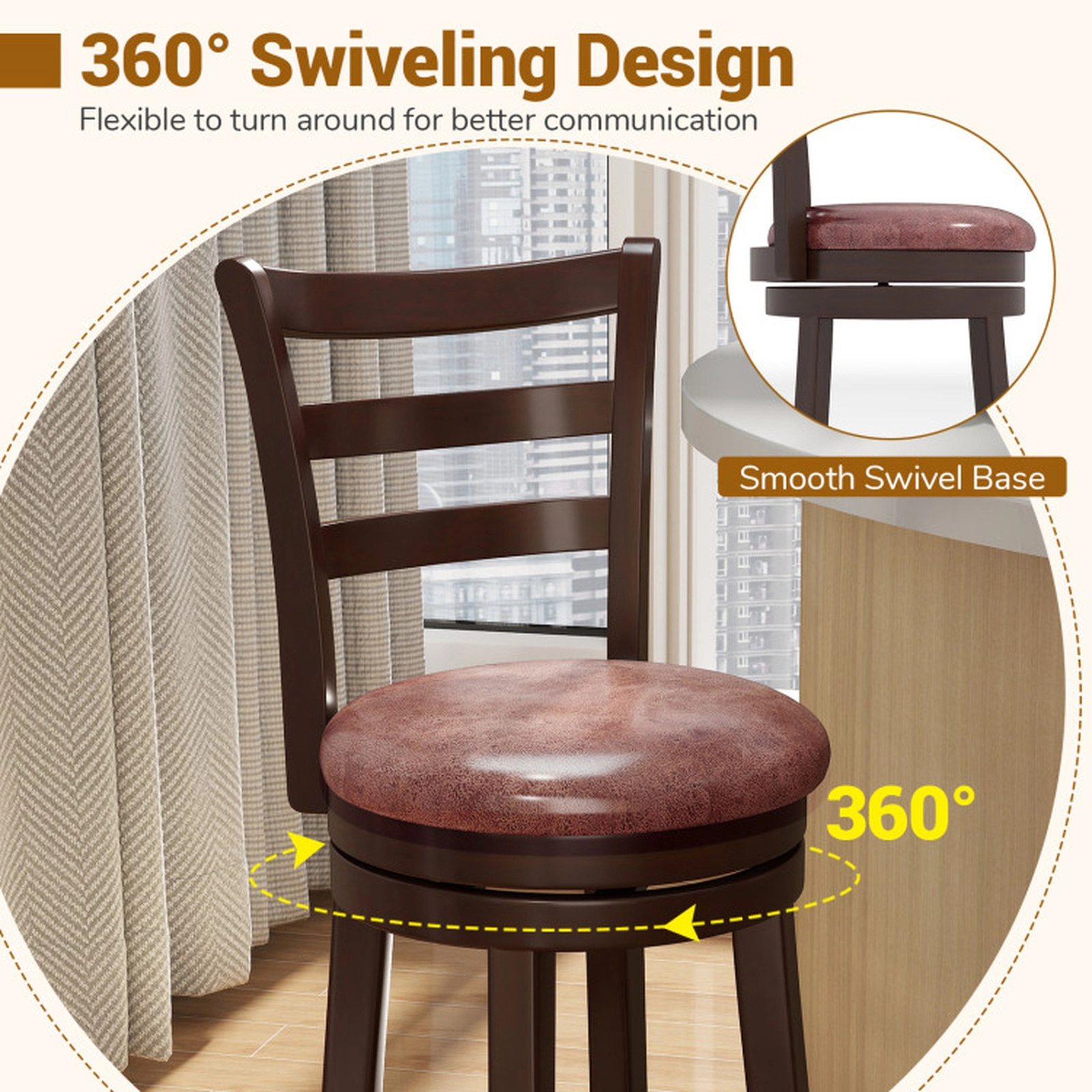 SUGIFT Set of 2 26-in Seat H Wrap-Around Footrest 400-lb Swivel Counter Height Bar Stools Cappuccino