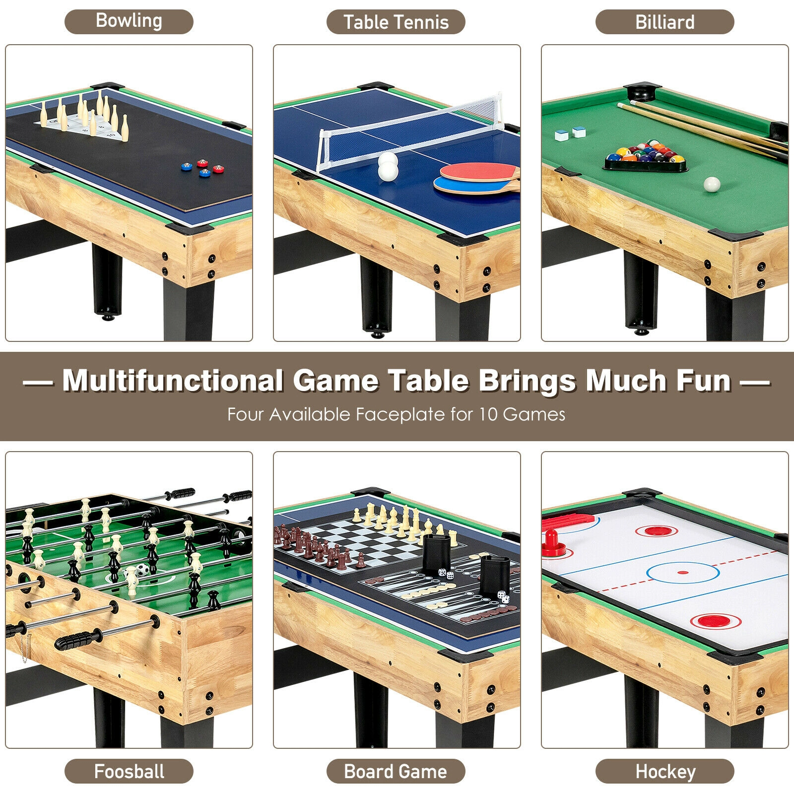SUGIFT Natural 10-in-1 Multi Combo Game Table with Foosball Bowling and Hockey Tops 41.5-in W 24-in D 31.5-in H