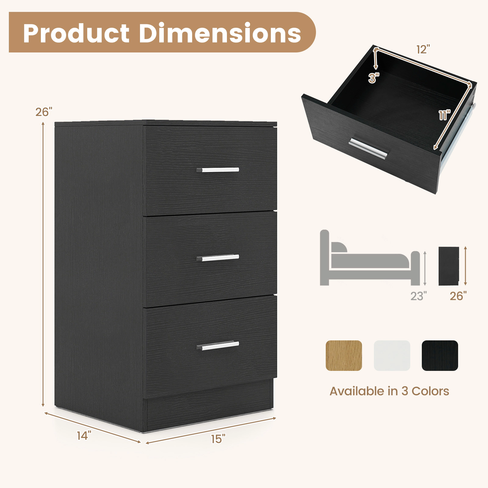 SUGIFT Nightstand Charging Station End Table 3 Storage Drawers 44-lb Countertop Capacity 22-lb Drawer Capacity Black