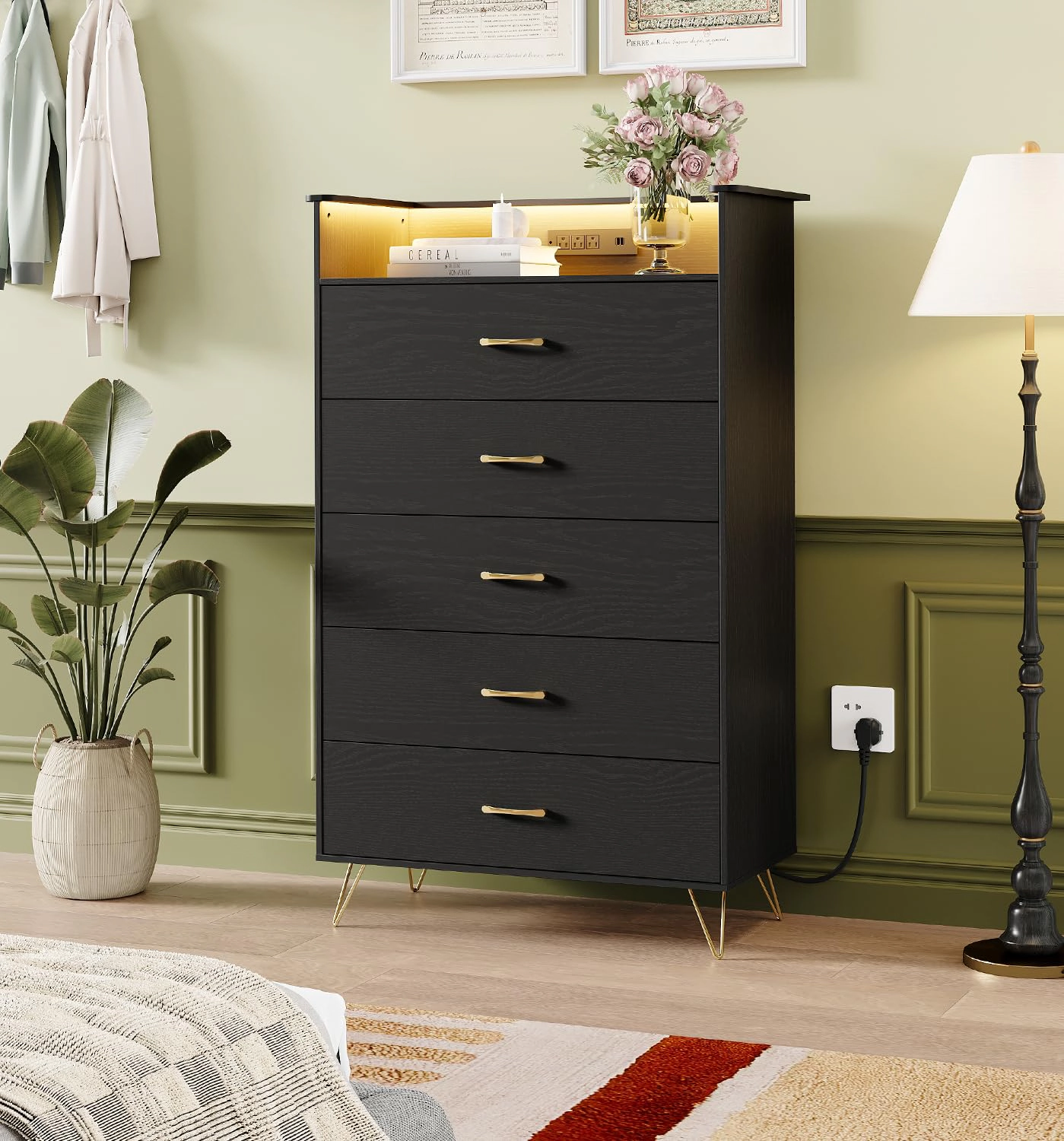 53" Tall 5 Drawer Dresser with RGB LED Lights & Charging Station, App Controlled Wood Chest