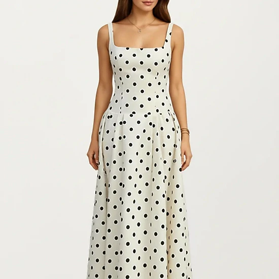 Anna-Kaci Polka Dot Square Neck Pleated A-Line Midi Dress