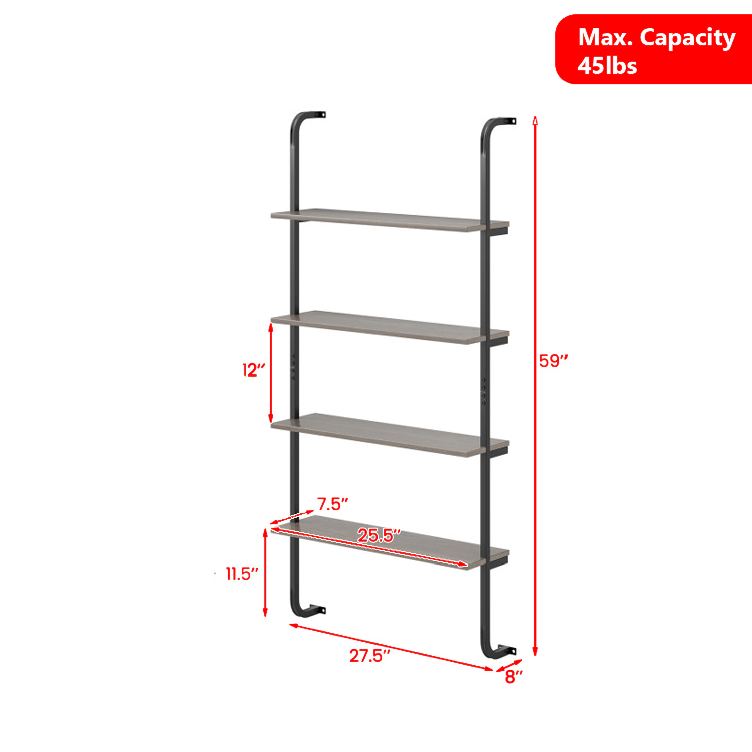 Hivvago 4-Tier Wood and Iron Wall-Mounted Shelf