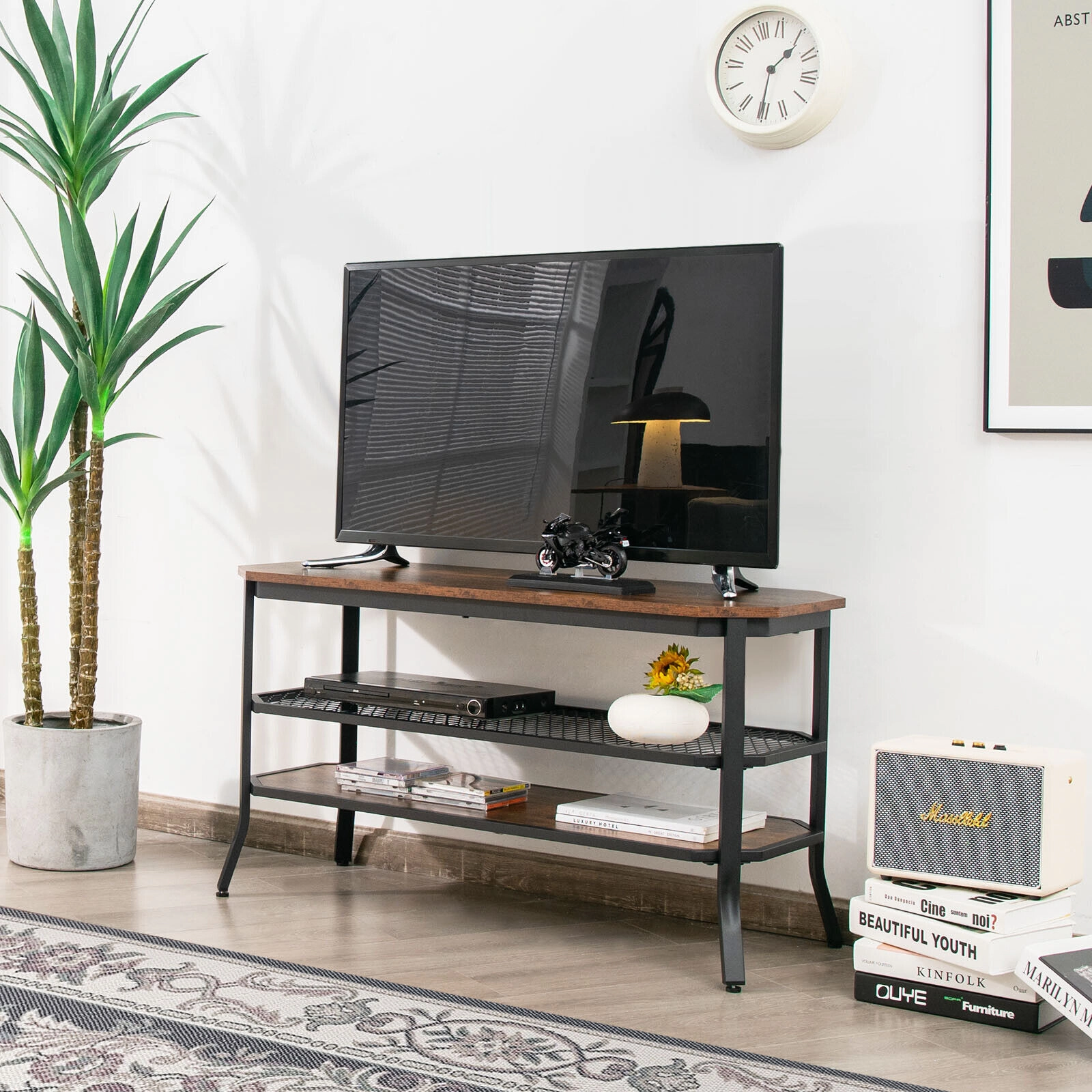 SUGIFT 39.5 in TV Stand Rustic Brown 3-Tier Console Table with Mesh Storage Shelves
