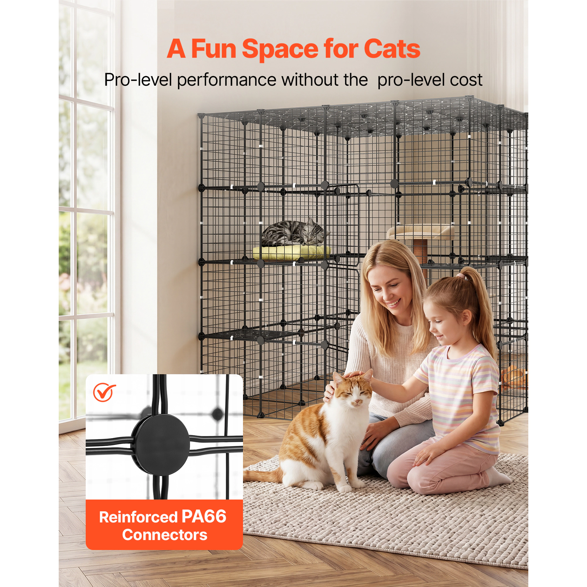 HONGGE 55 x 55 x 55 in 4-Tier Steel Cat Cage Playpen with 3 Doors, Indoor Enclosure for 2-3 Cats, Black