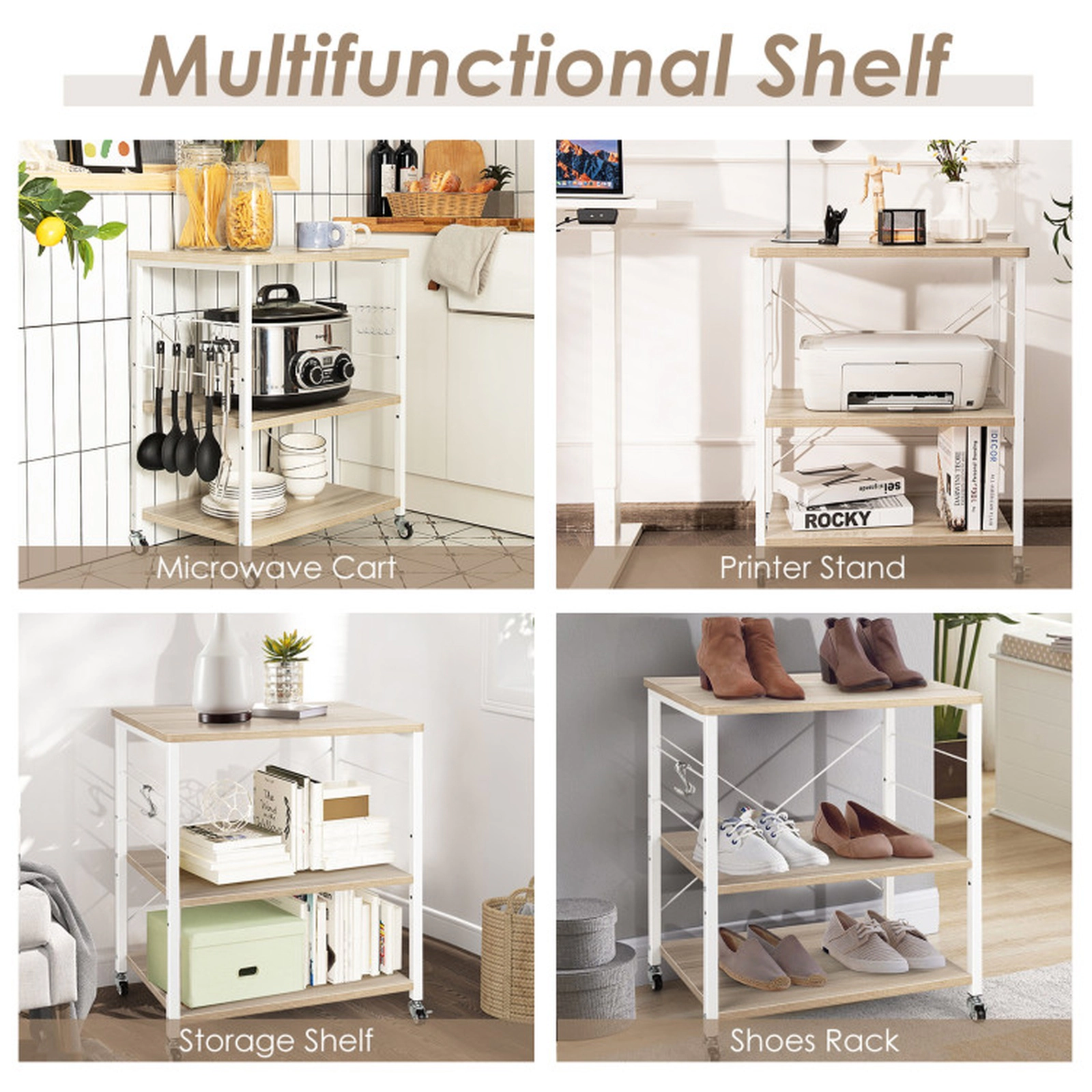 SUGIFT 3-Tier Bakers Rack Microwave Cart with Adjustable Shelf and 10 Hooks