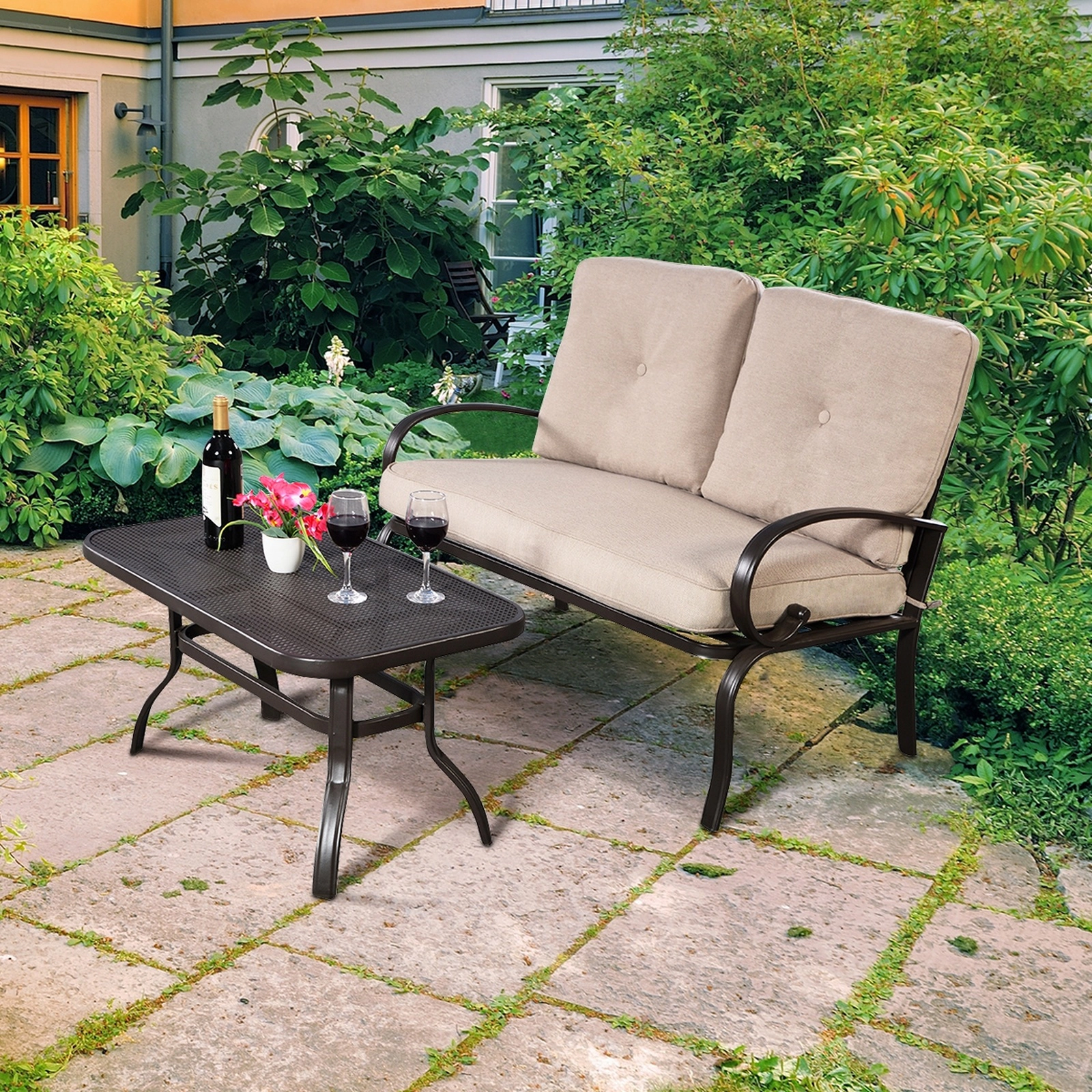 SUGIFT Patio Conversation Loveseat and Coffee Table Set 550-lb Capacity Beige