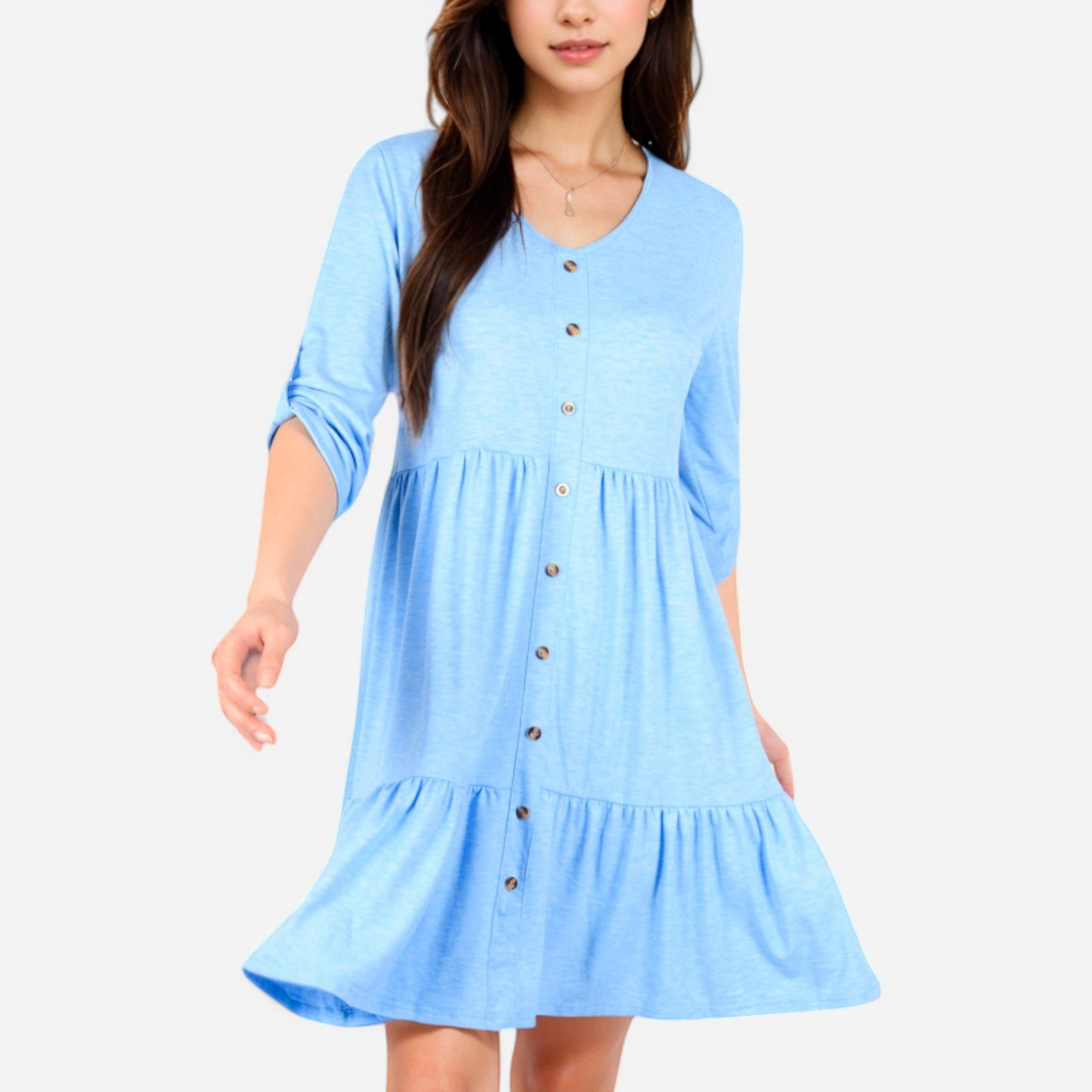 Anna-Kaci Women's V Neck Button Front Babydoll 3/4 Sleeve Tiered Ruffle Hem Dress