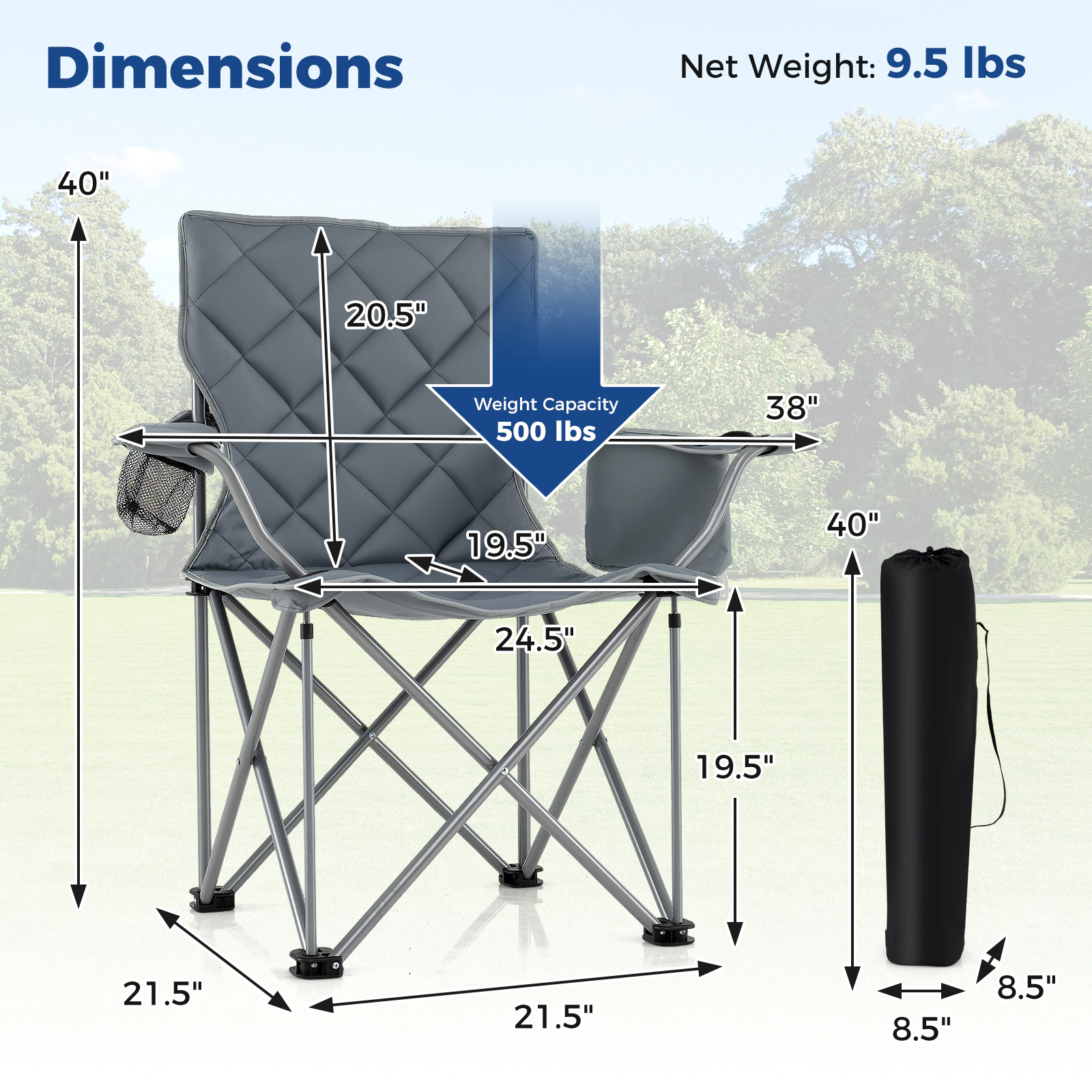 LJG Oversized Camping Chairs Outdoor Folding Chair with Cooler Pouch and Cup Holder