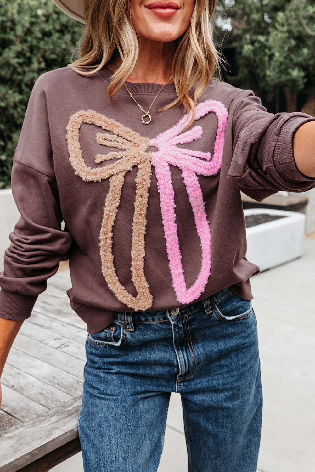 Threaded Pear Women's Callie Terry Bow Pattern Drop Shoulder Sweatshirt