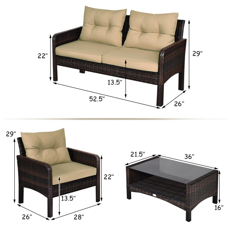 Hivvago 4 Pieces Patio Rattan Free-Combination Sofa Set With Cushion And Coffee Table