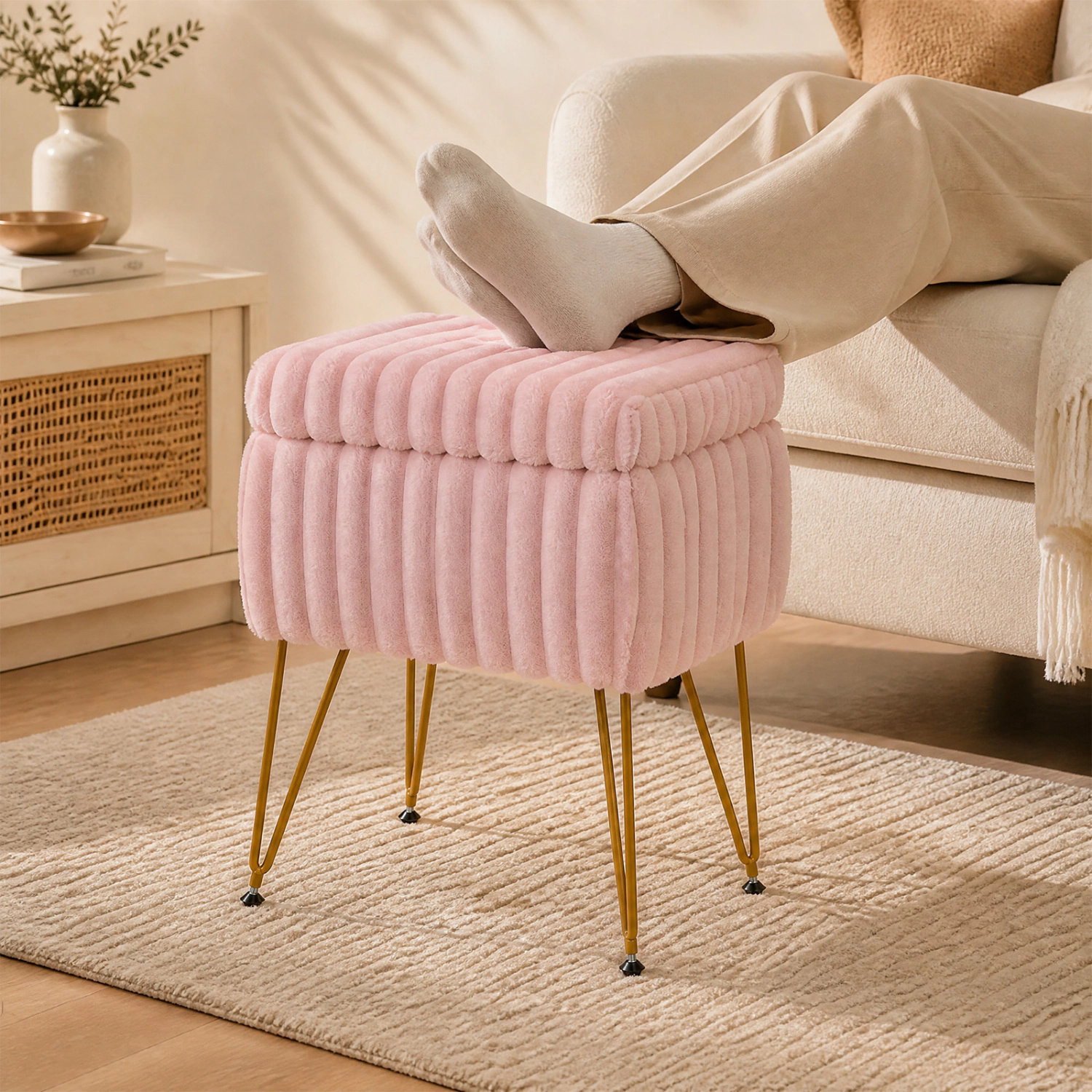 LJG Vanity Stool with Storage and Reversible Lid Faux Fur Upholstered Ottoman