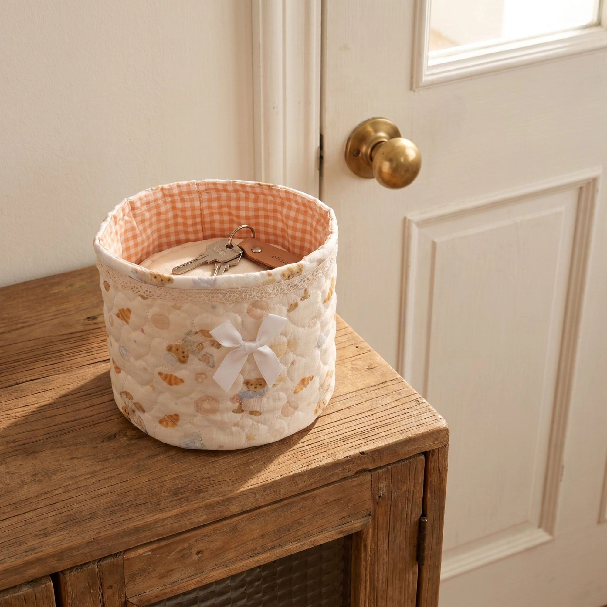Alilang Unisex Quilted Round Fabric Storage Basket with Bow and Lace Trim