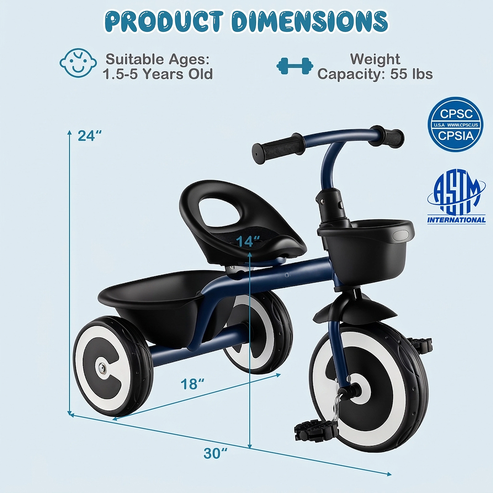 Toddler Trike with Front and Rear Storage Baskets Adjustable Seat and Silent EVA Wheels Ages 1.5-5 Navy Kids Tricycle