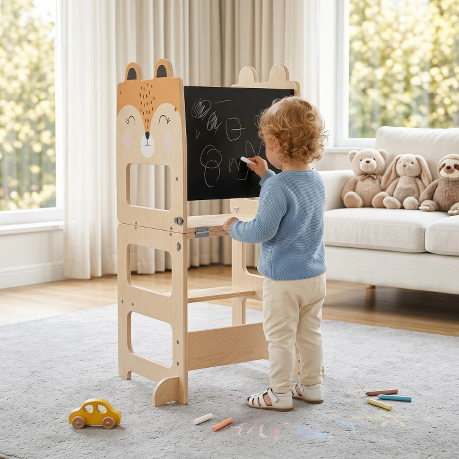 SUGIFT 3-in-1 Wooden Kids Toddler Kitchen Step Stool with Blackboard & Table Set 110-lb Capacity Ages 18+ Months Orange