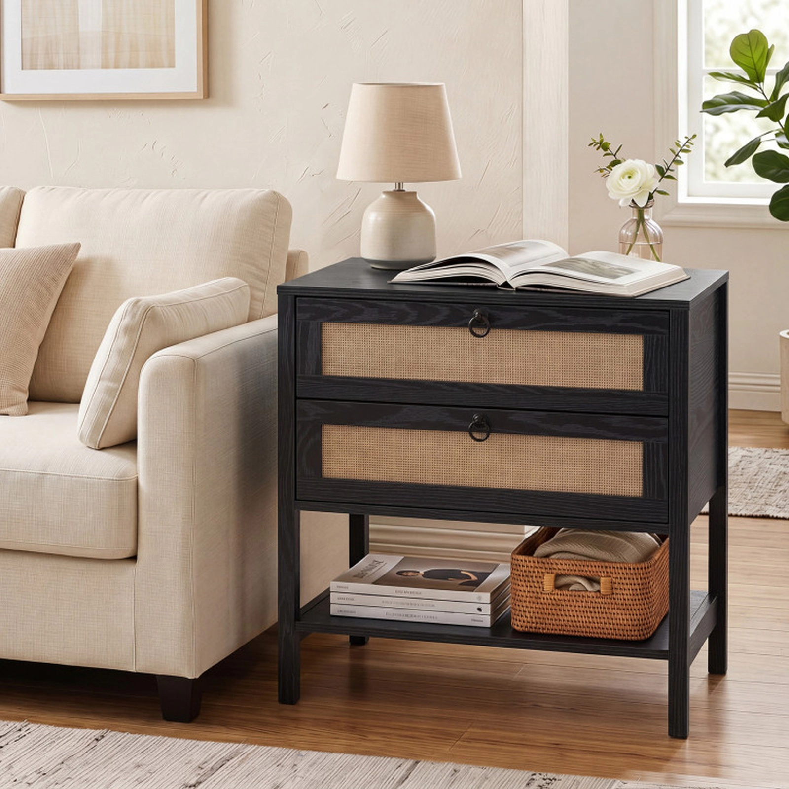 SUGIFT Boho Rattan Nightstand with 2 Drawers and Bottom Open Shelf 200-lb Capacity Black Oak Finish